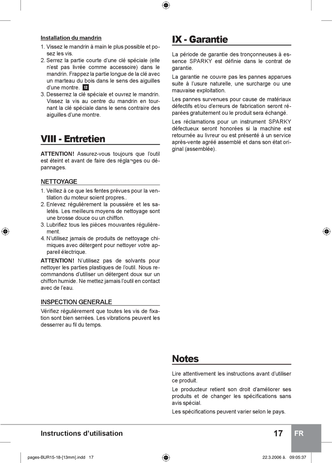 Sparky Group BUR 15E instruction manual Viii Entretien, IX Garantie, 17 FR, Nettoyage, Inspection Generale 