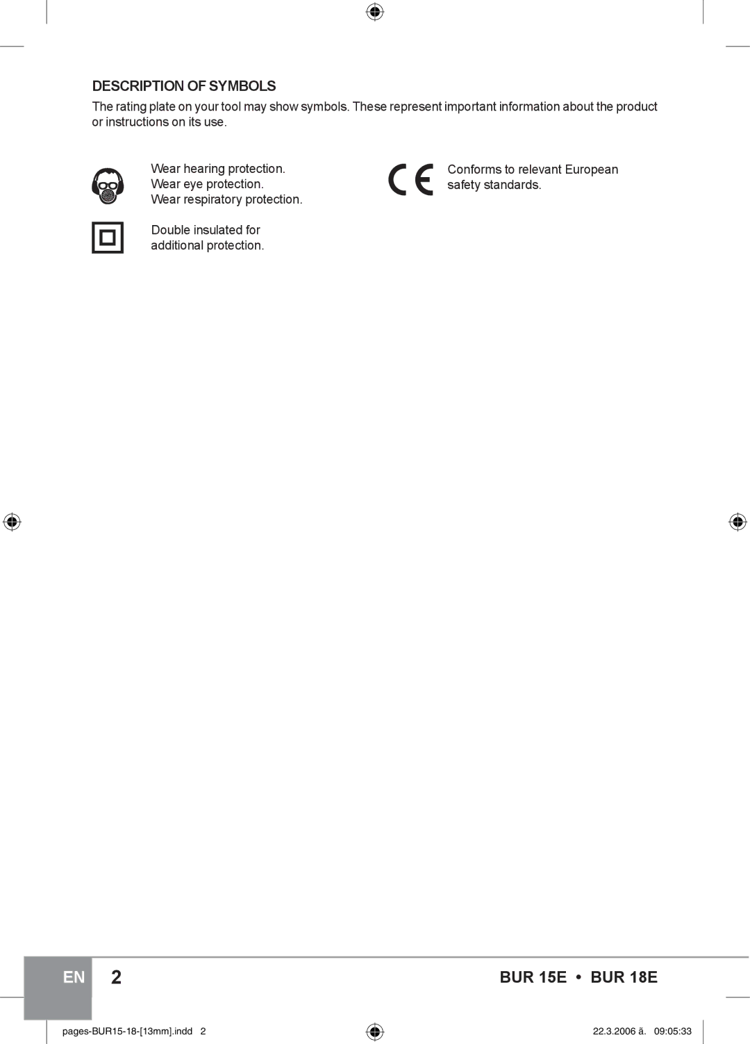 Sparky Group BUR 15E instruction manual Description of Symbols 