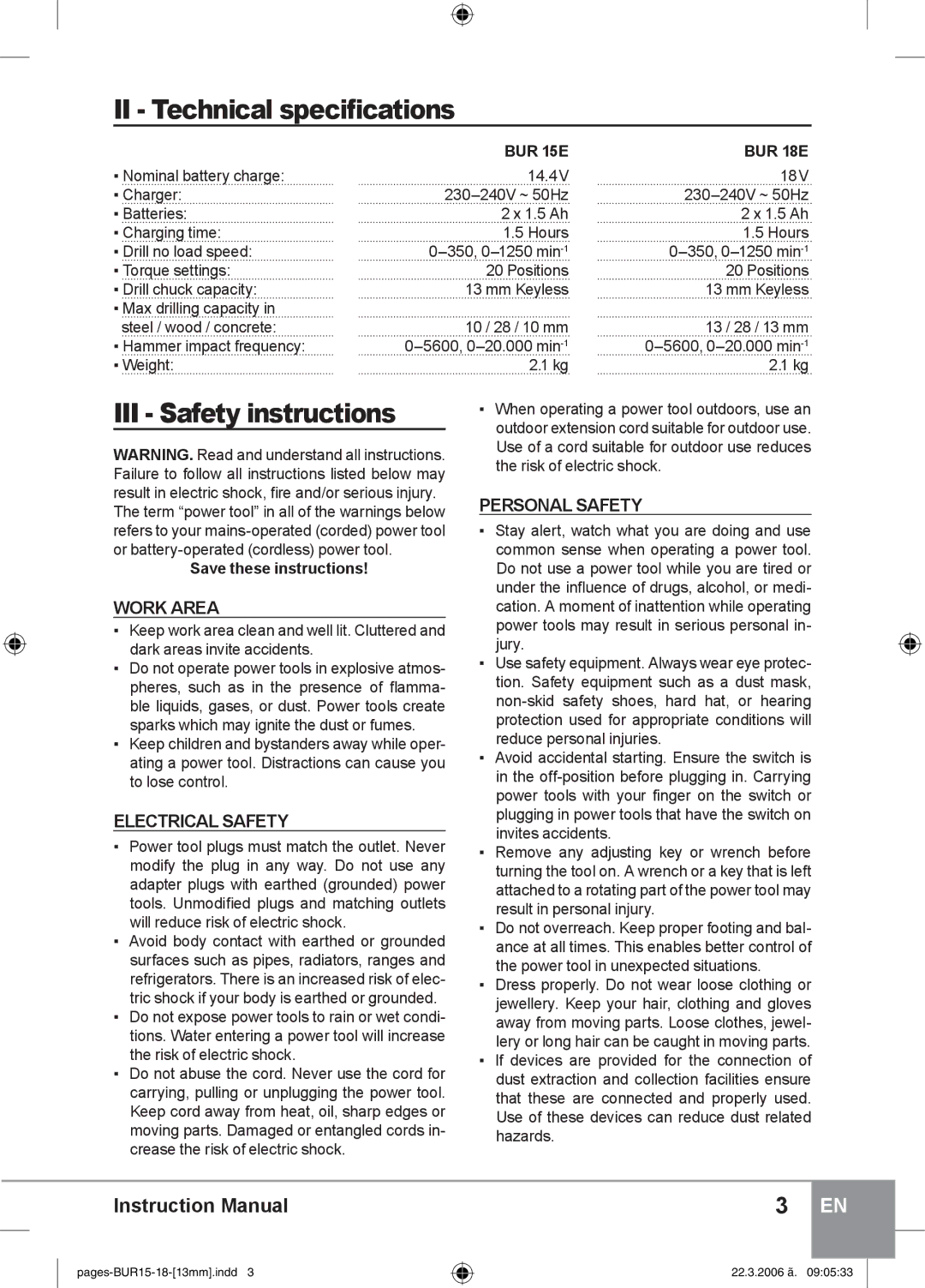 Sparky Group BUR 15E II Technical speciﬁcations, III Safety instructions, Work Area, Electrical Safety, Personal Safety 