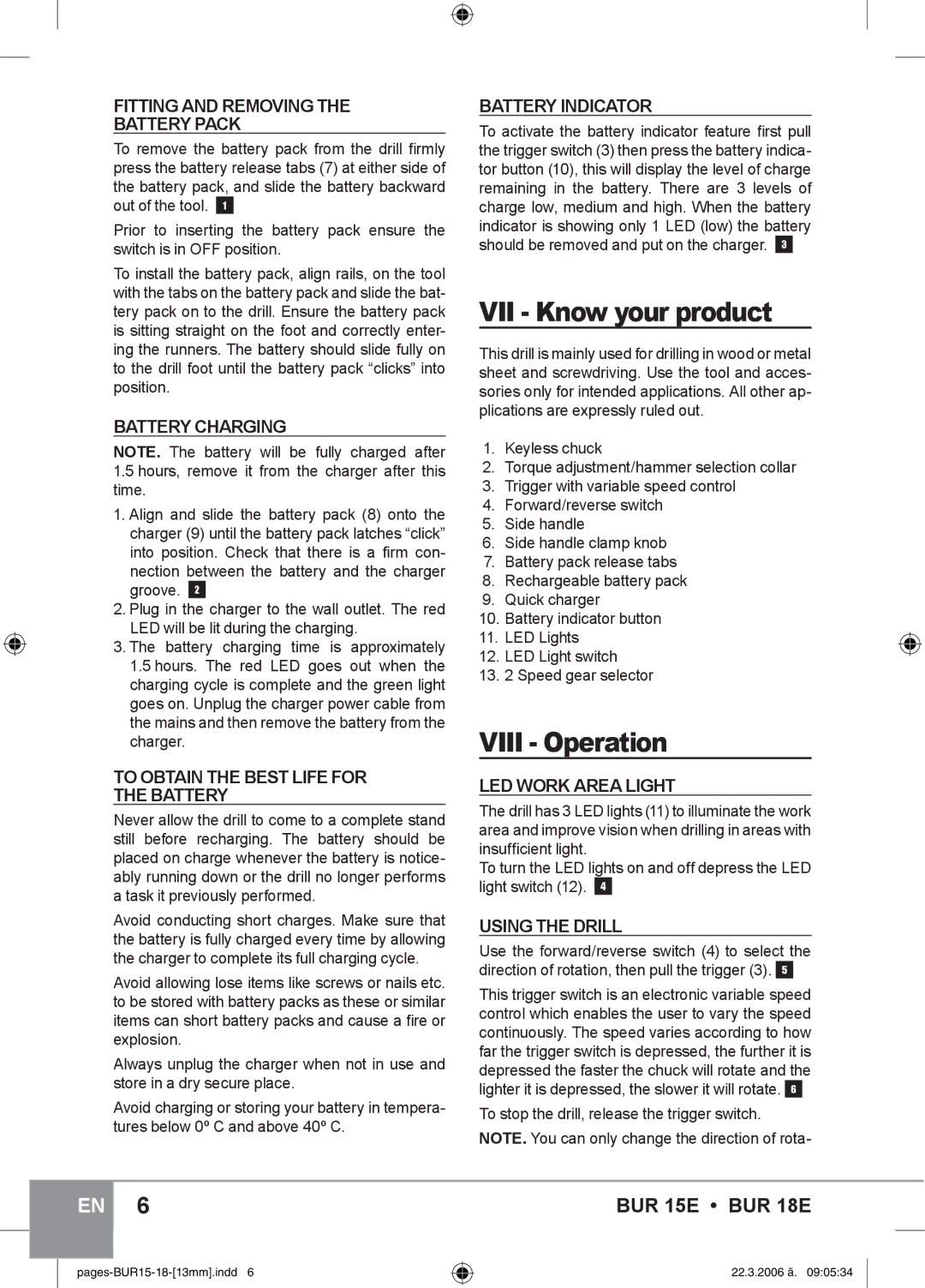 Sparky Group BUR 15E instruction manual VII Know your product, Viii Operation 