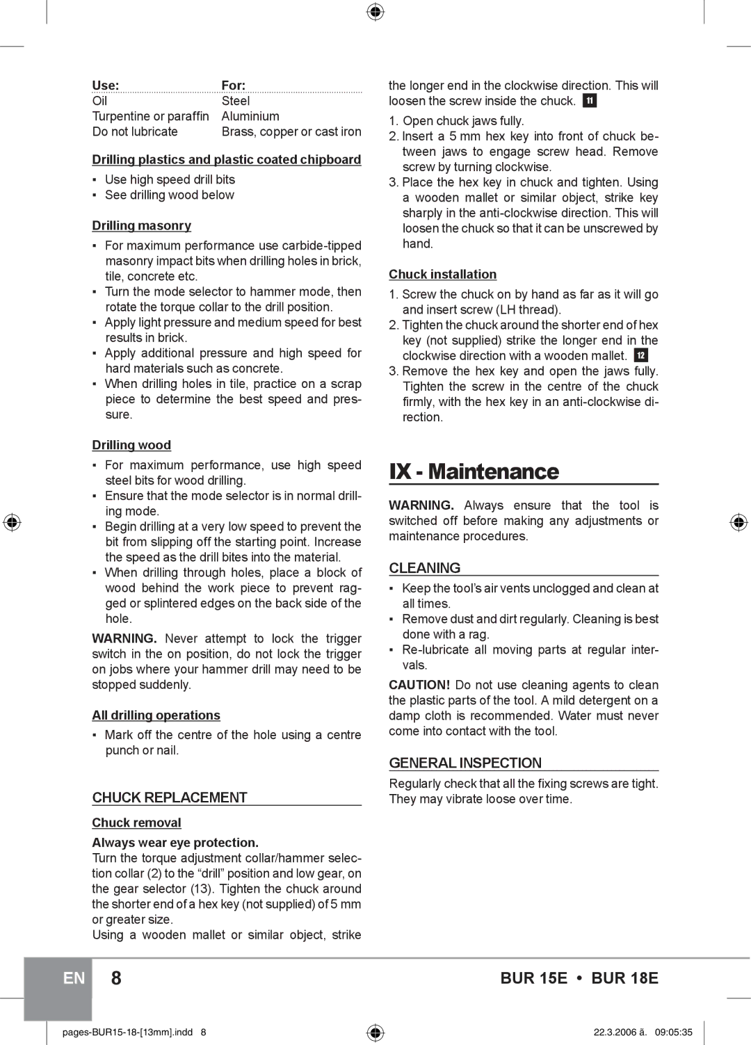 Sparky Group BUR 15E instruction manual IX Maintenance, Chuck Replacement, Cleaning, General Inspection 