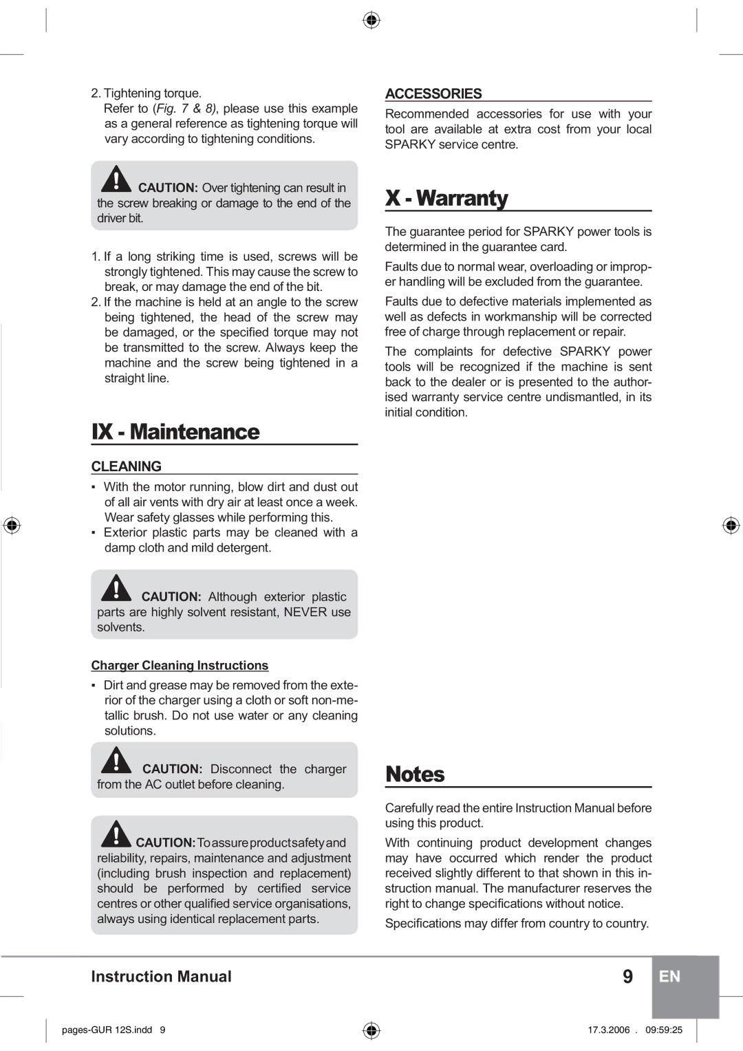 Sparky Group GUR 12S manual IX Maintenance, Warranty, Accessories, Charger Cleaning Instructions 