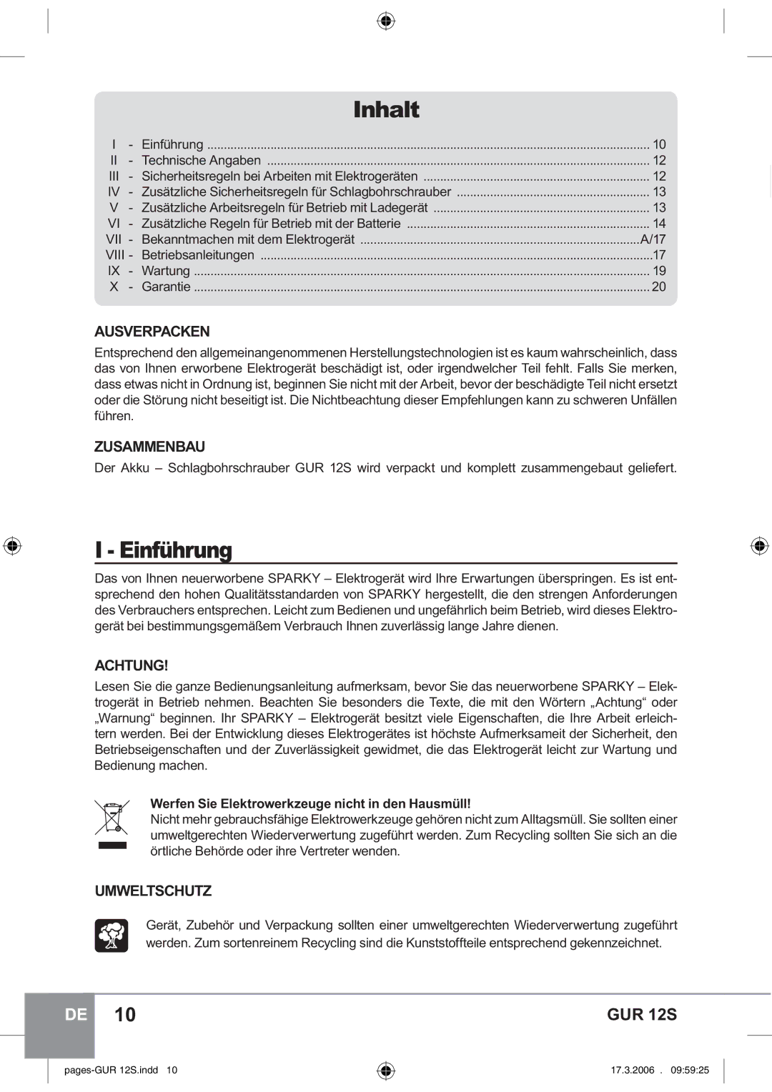 Sparky Group GUR 12S manual Inhalt, Einführung 