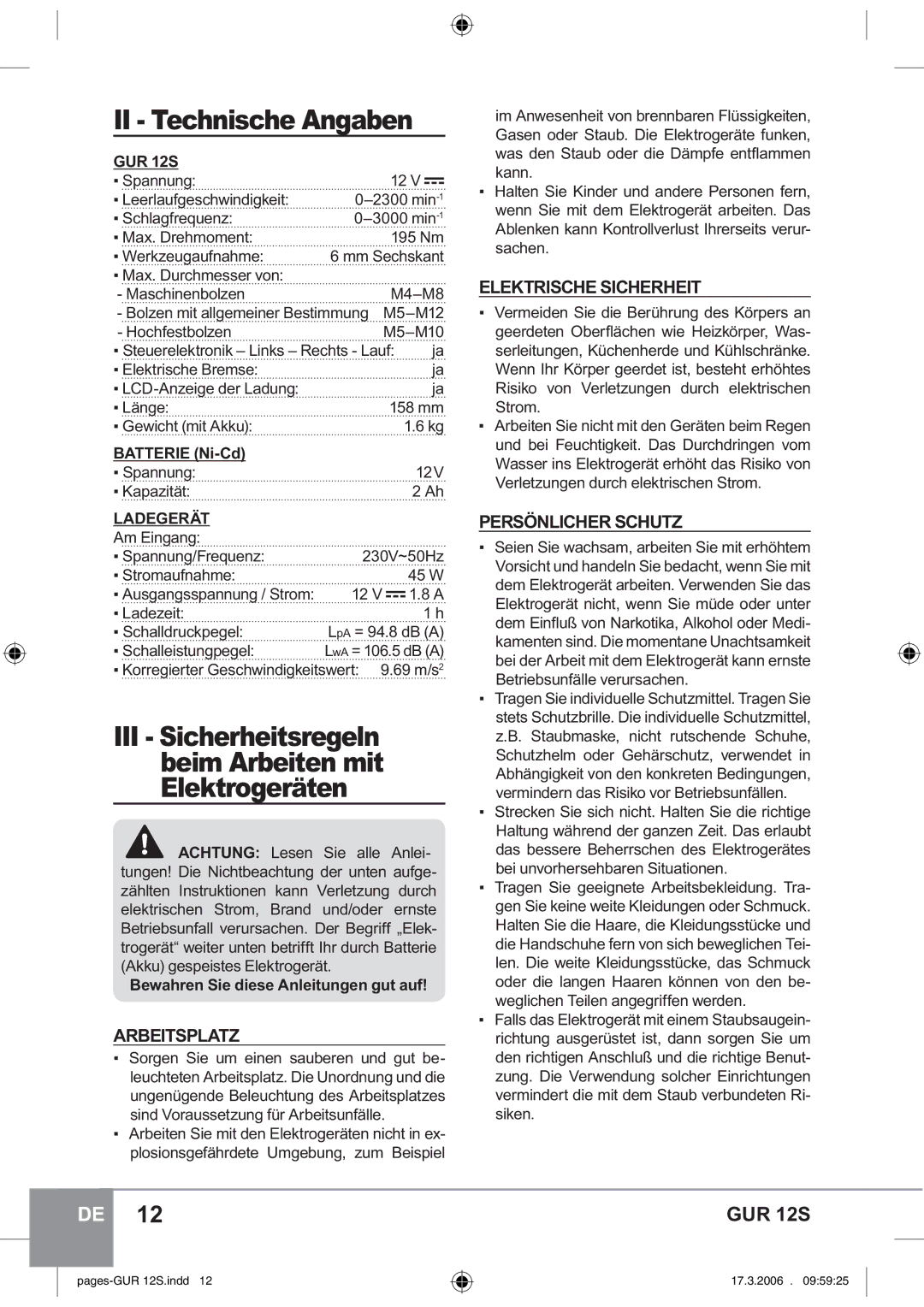 Sparky Group GUR 12S manual Arbeitsplatz, Elektrische Sicherheit, Persönlicher Schutz, Batterie Ni-Cd 