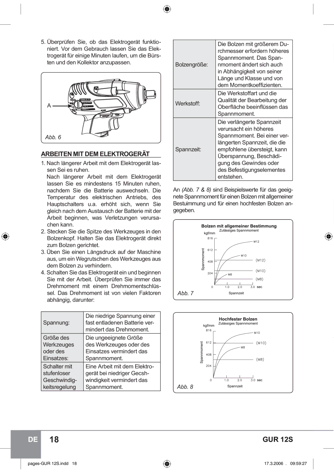 Sparky Group GUR 12S manual Arbeiten MIT DEM Elektrogerät 