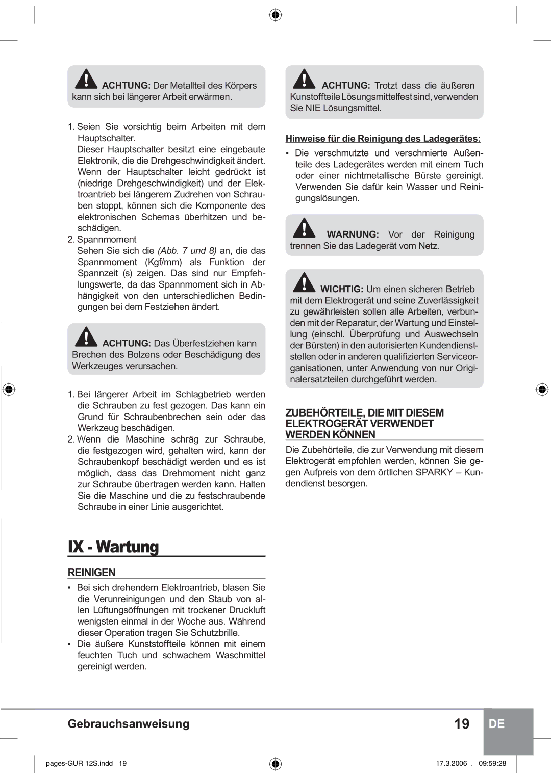 Sparky Group GUR 12S manual IX Wartung, Reinigen, Hinweise für die Reinigung des Ladegerätes 