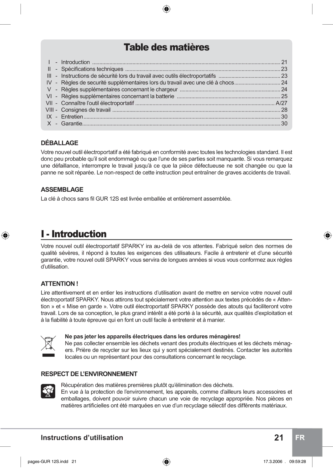 Sparky Group GUR 12S manual TableǿȨȒȨȞȔȎțȖȓdes matières, Déballage, Assemblage, Respect DE L’ENVIRONNEMENT 