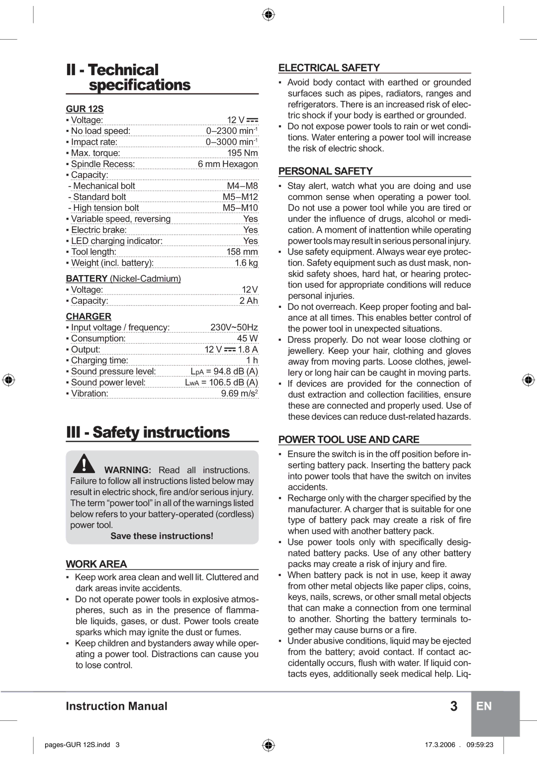 Sparky Group GUR 12S manual II Technical, III Safety instructions 