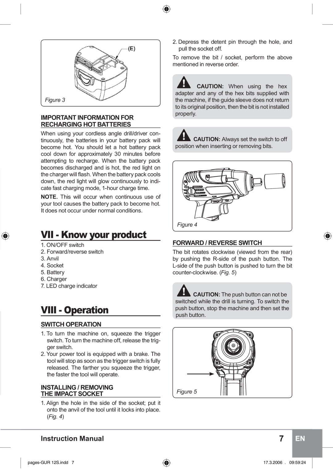 Sparky Group GUR 12S manual VII Know your product, Viii Operation, Switch Operation, Installing / Removing Impact Socket 