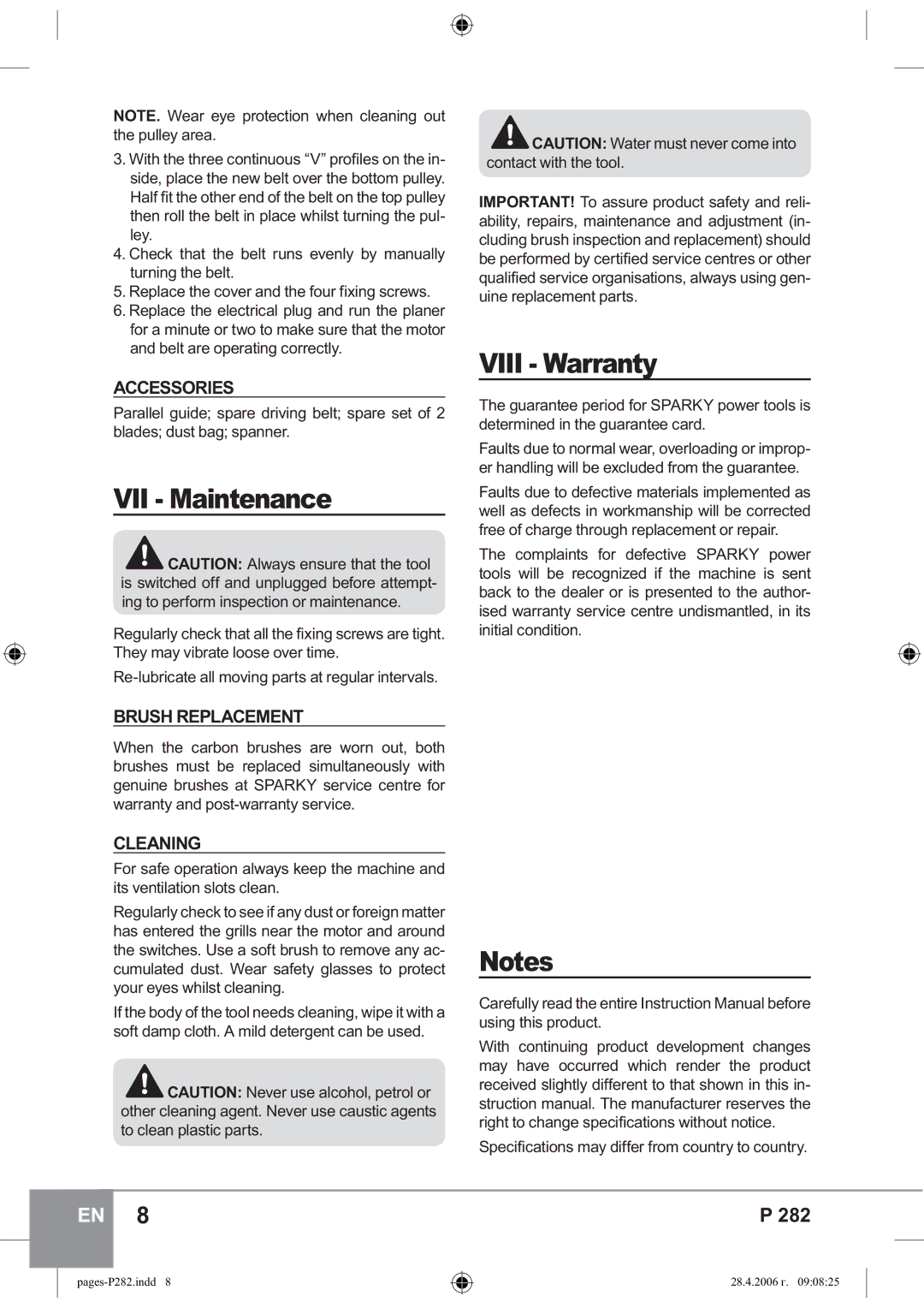 Sparky Group P 282 instruction manual VII Maintenance, Viii Warranty, Accessories, Brush Replacement, Cleaning 