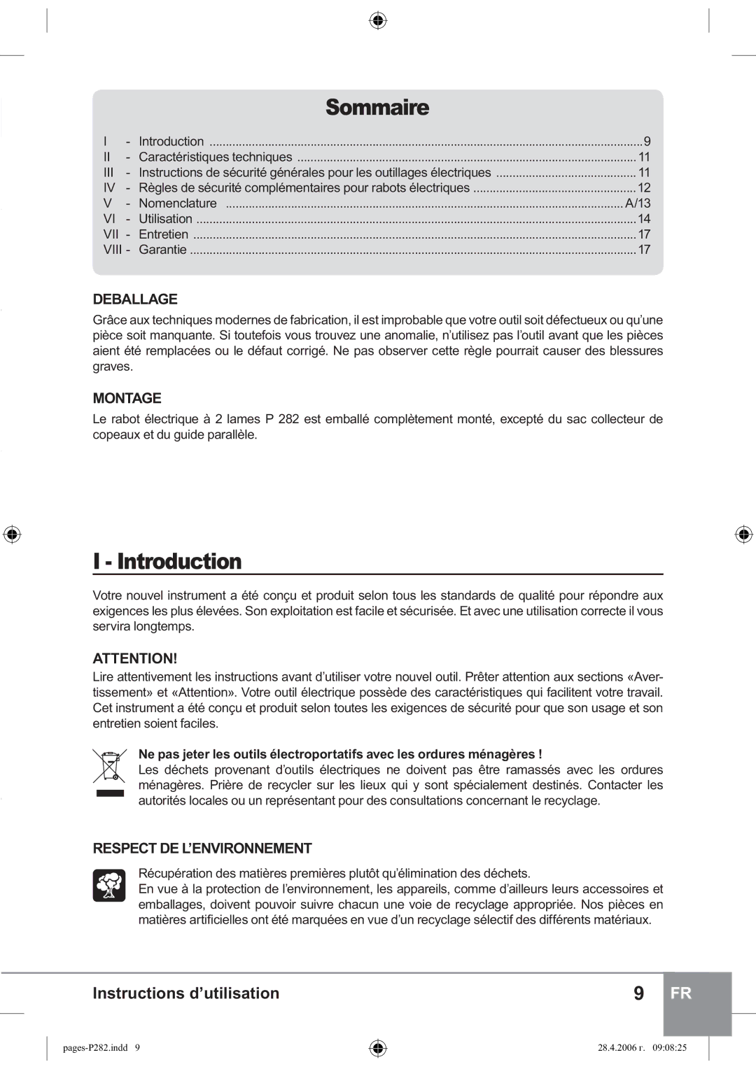 Sparky Group P 282 instruction manual Sommaire, Deballage, Montage, Respect DE L’ENVIRONNEMENT 