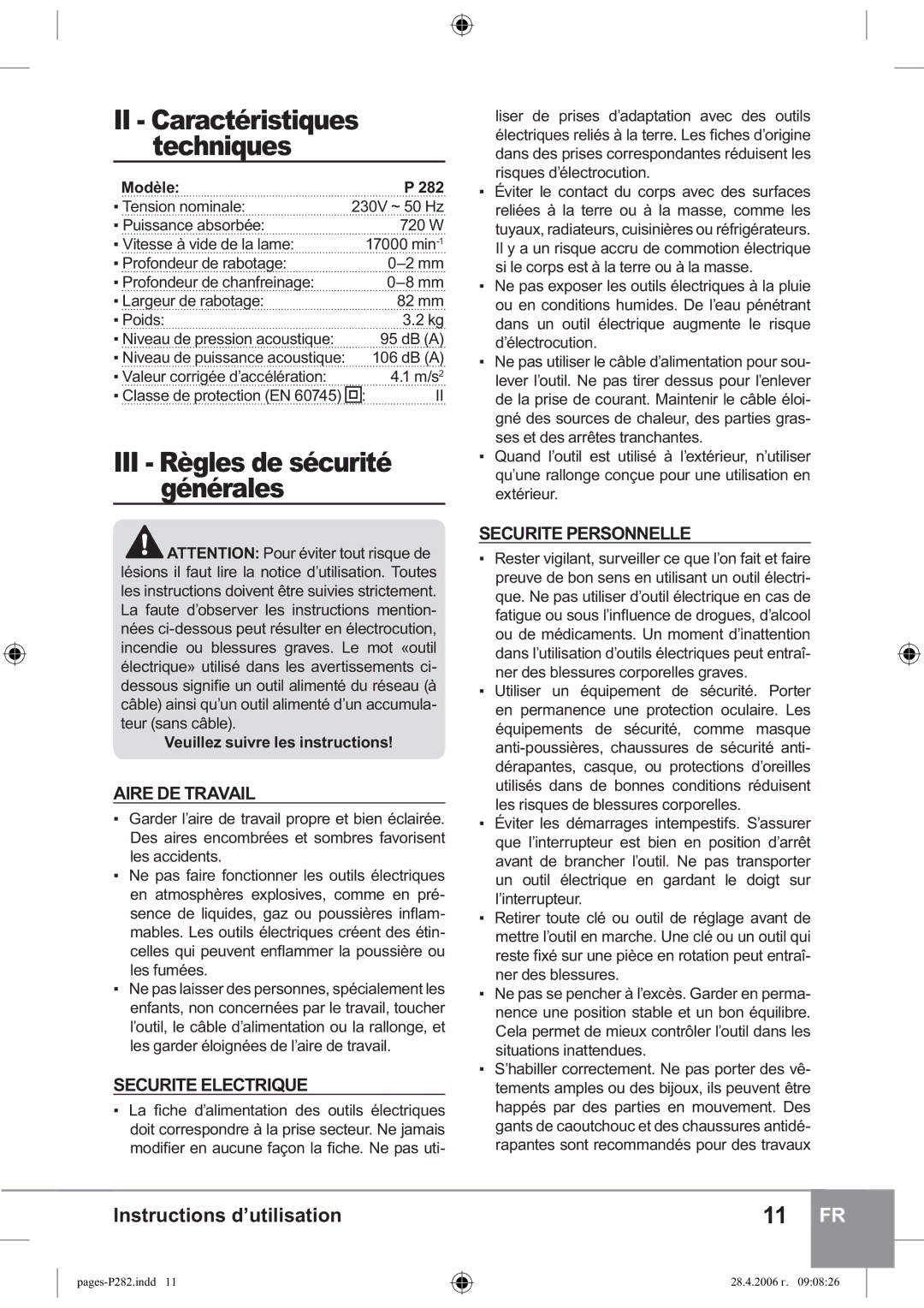 Sparky Group P 282 instruction manual Aire DE Travail, Securite Electrique, Securite Personnelle, Modèle 282 