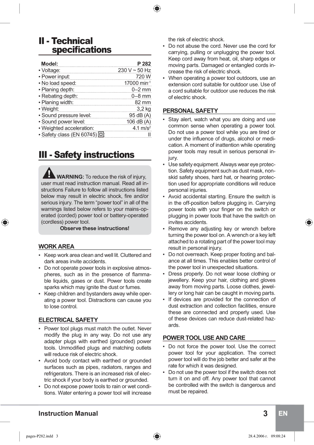 Sparky Group P 282 instruction manual II Technical, III Safety instructions 