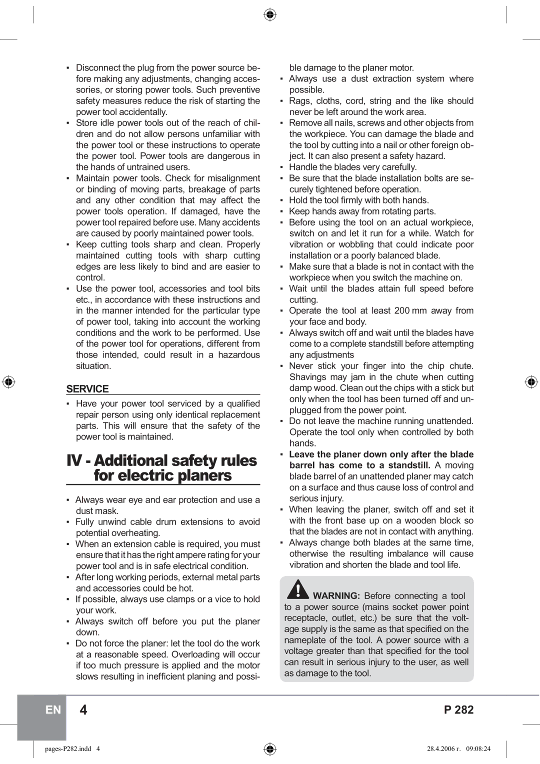 Sparky Group P 282 instruction manual Service,  $OZD\V VZLWFK RII EHIRUH \RX SXW WKH SODQHU down, Cutting 