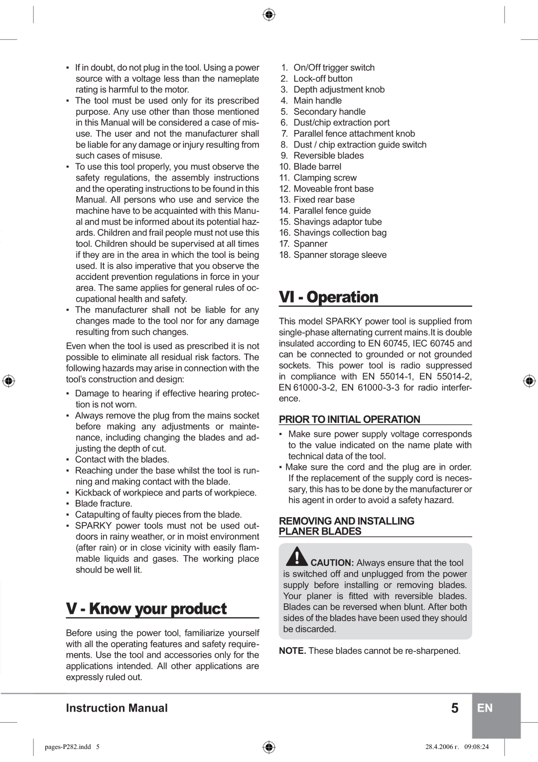 Sparky Group P 282 Know your product, VI Operation, Prior to Initial Operation, Removing and Installing Planer Blades 