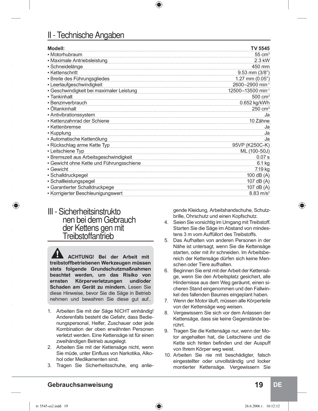 Sparky Group TV 5545 manual II Technische Angaben, Modell, KRORGHU0HGLNDPHQWHQVLQG, Kuw 