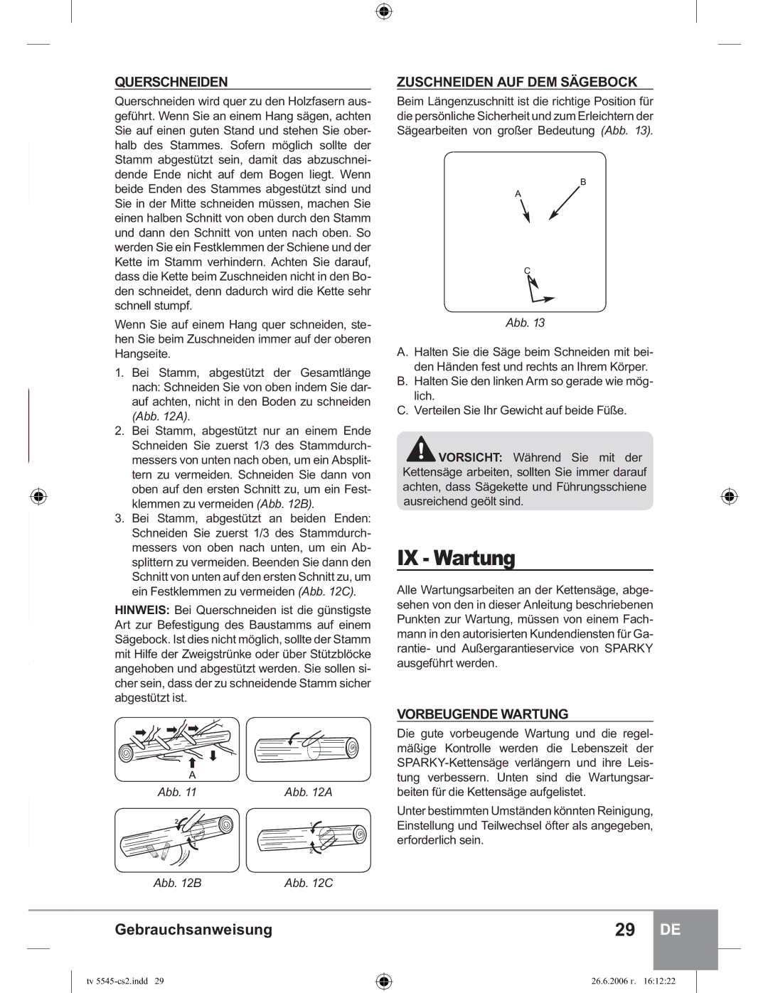 Sparky Group TV 5545 manual IX Wartung,  Querschneiden, Zuschneiden AUF DEM Sägebock, Vorbeugende Wartung 