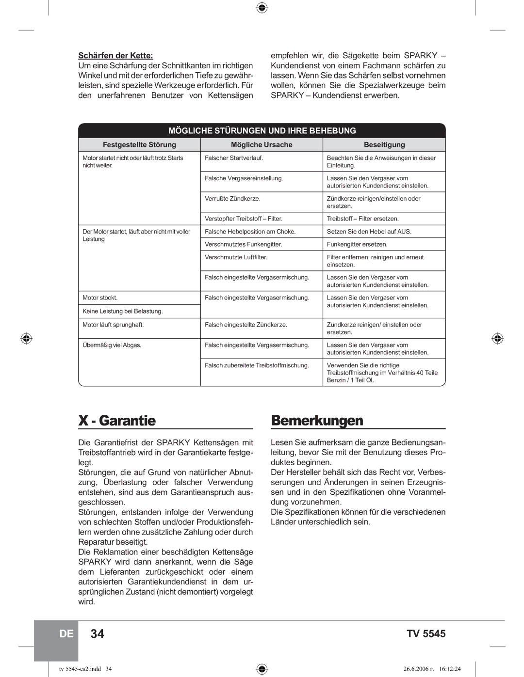 Sparky Group TV 5545 manual Garantie Bemerkungen, Schärfen der Kette 