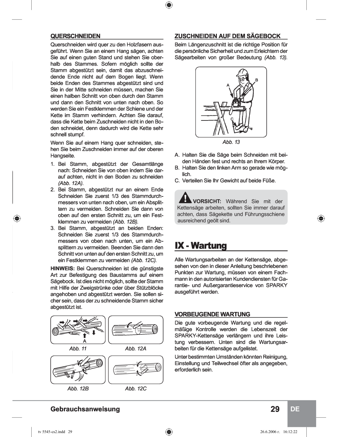 Sparky Group TV 5545 manual IX - Wartung,  Querschneiden, Zuschneiden Auf Dem Sägebock, Vorbeugende Wartung, Abb. 12B 