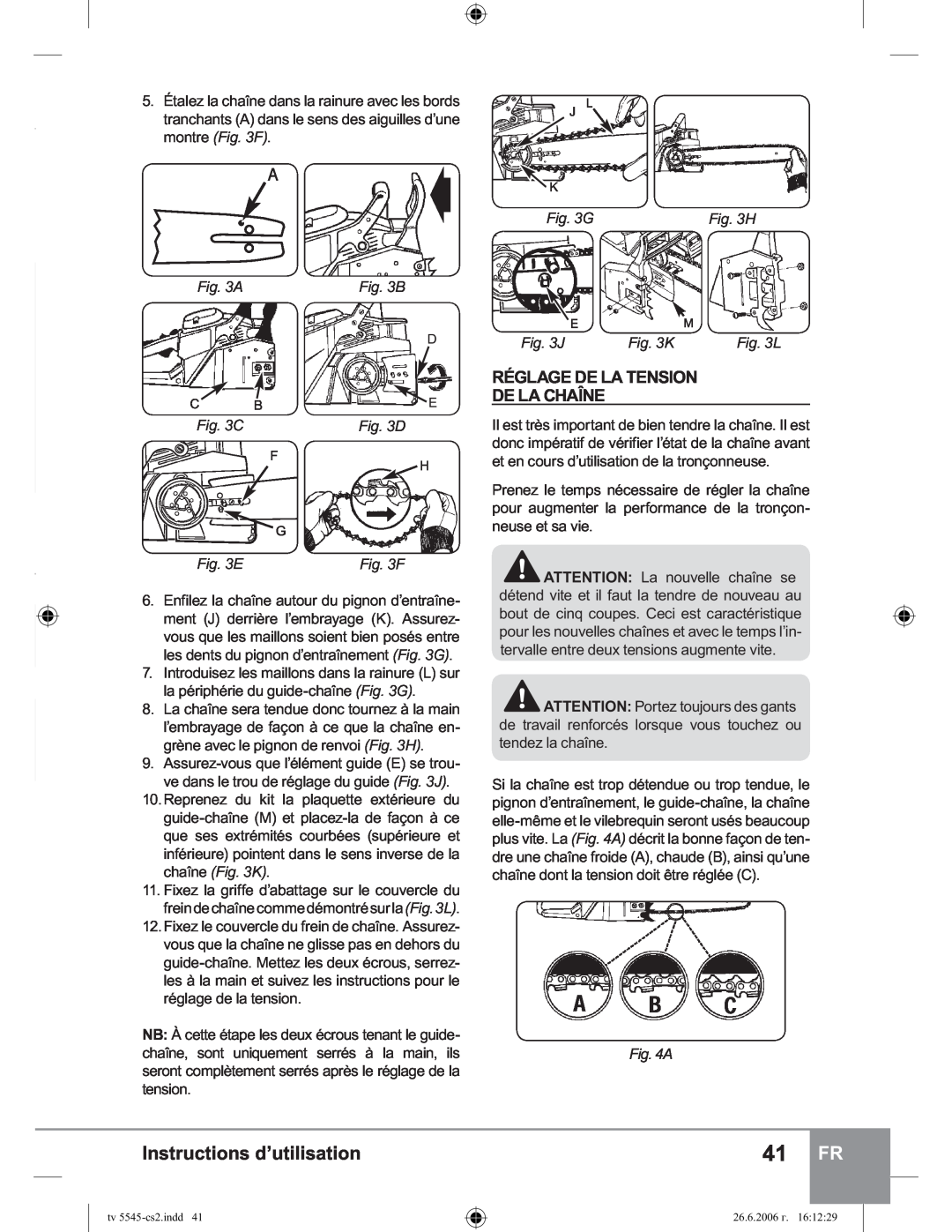 Sparky Group TV 5545 manual Réglage De La Tension De La Chaîne, Instructions d’utilisation, G, A, E, J, K, H, B, F 