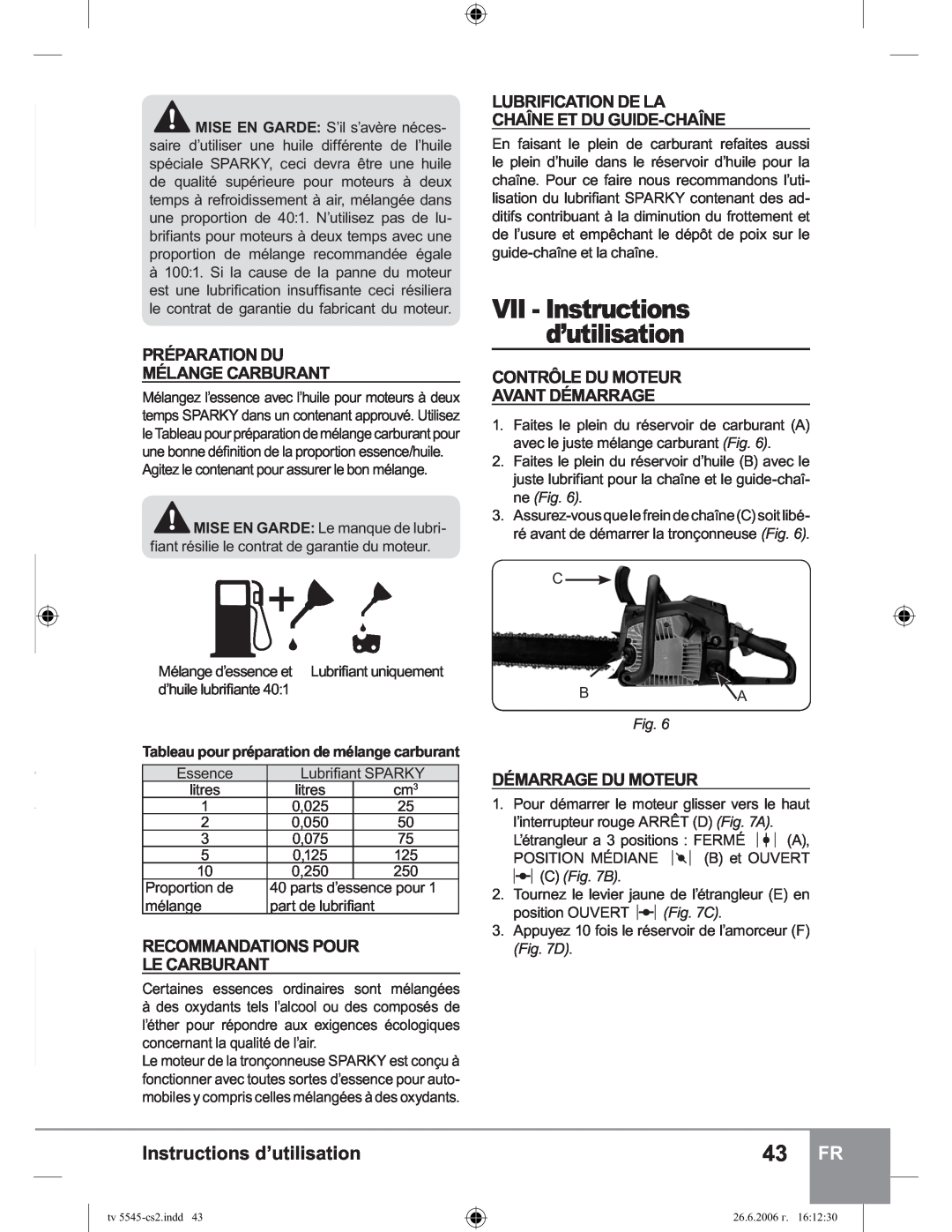 Sparky Group TV 5545 VII - Instructions d’utilisation, Préparation Du Mélange Carburant, Recommandations Pour Le Carburant 