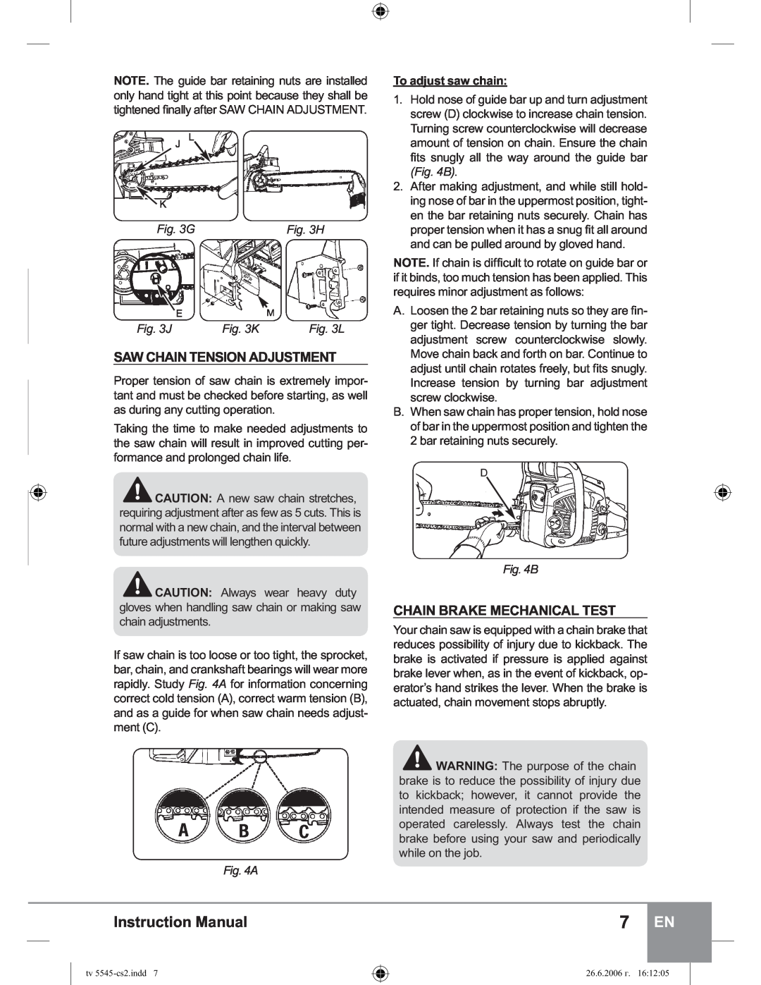 Sparky Group TV 5545 manual Saw Chain Tension Adjustment, Chain Brake Mechanical Test, G, J, K, Instruction Manual, H, L 