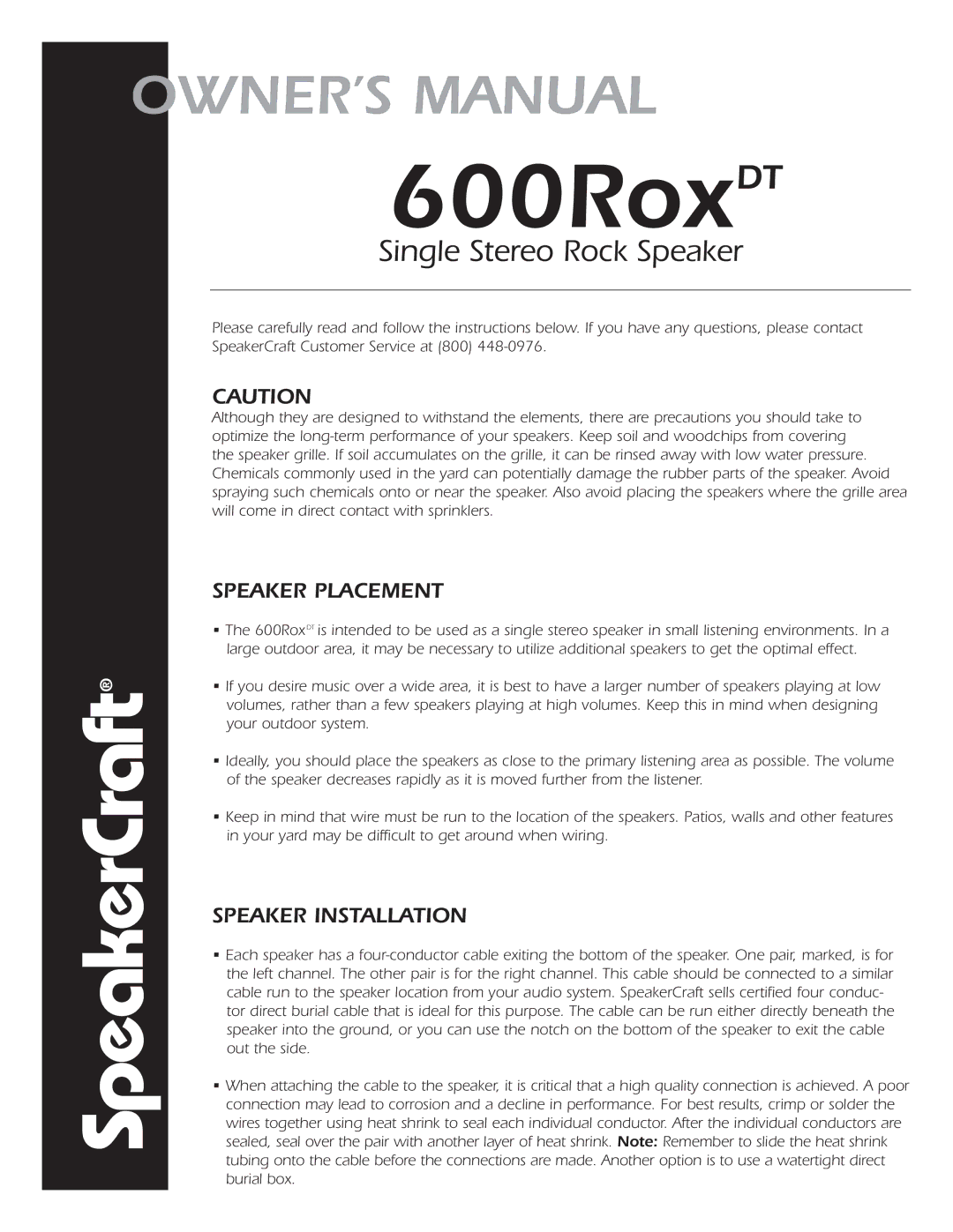 SpeakerCraft owner manual 600RoxDT, SpeakerCraft, Speaker Placement, Speaker Installation 