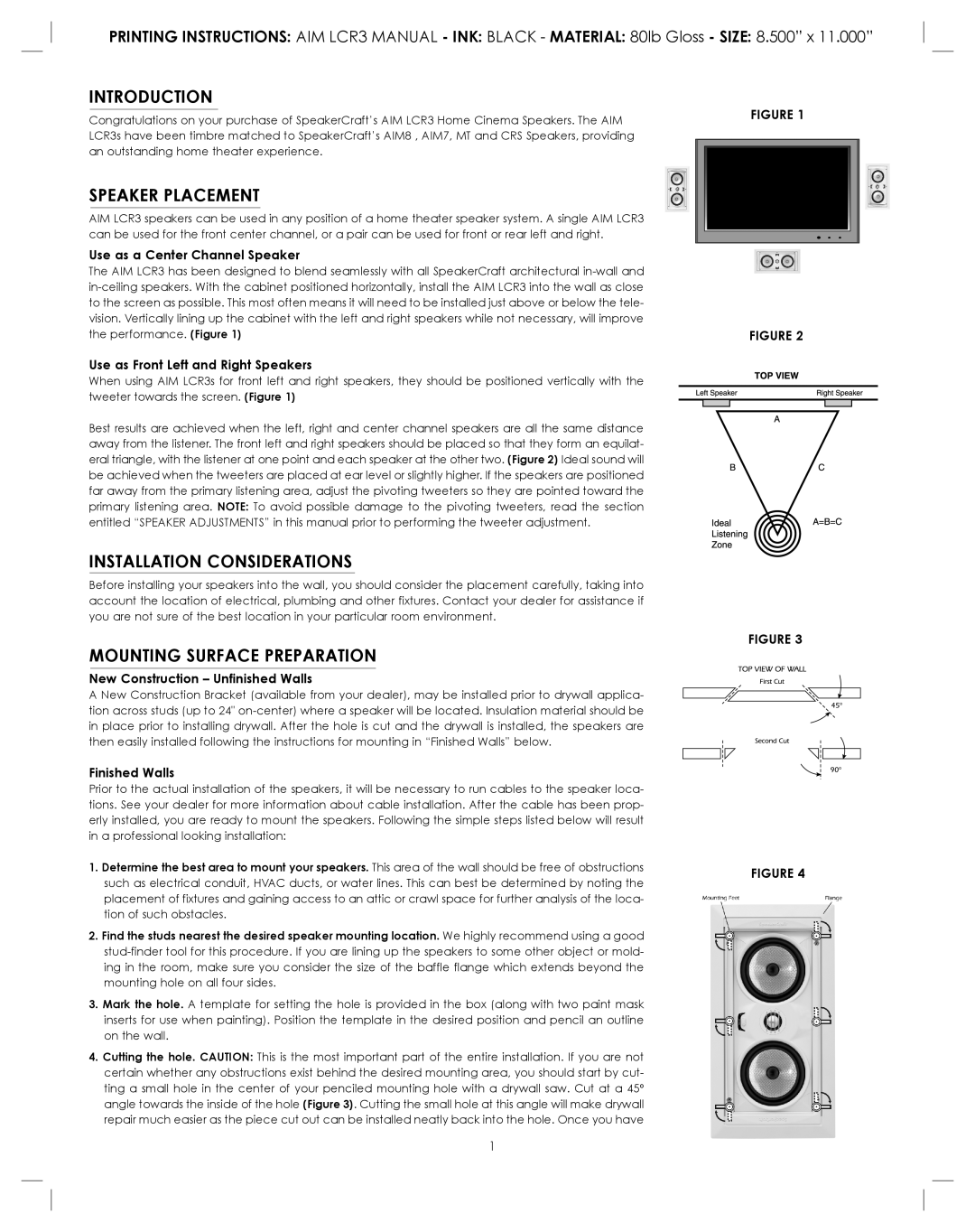 SpeakerCraft AIM LCR3 Introduction, Speaker Placement, Installation Considerations, Mounting Surface Preparation 