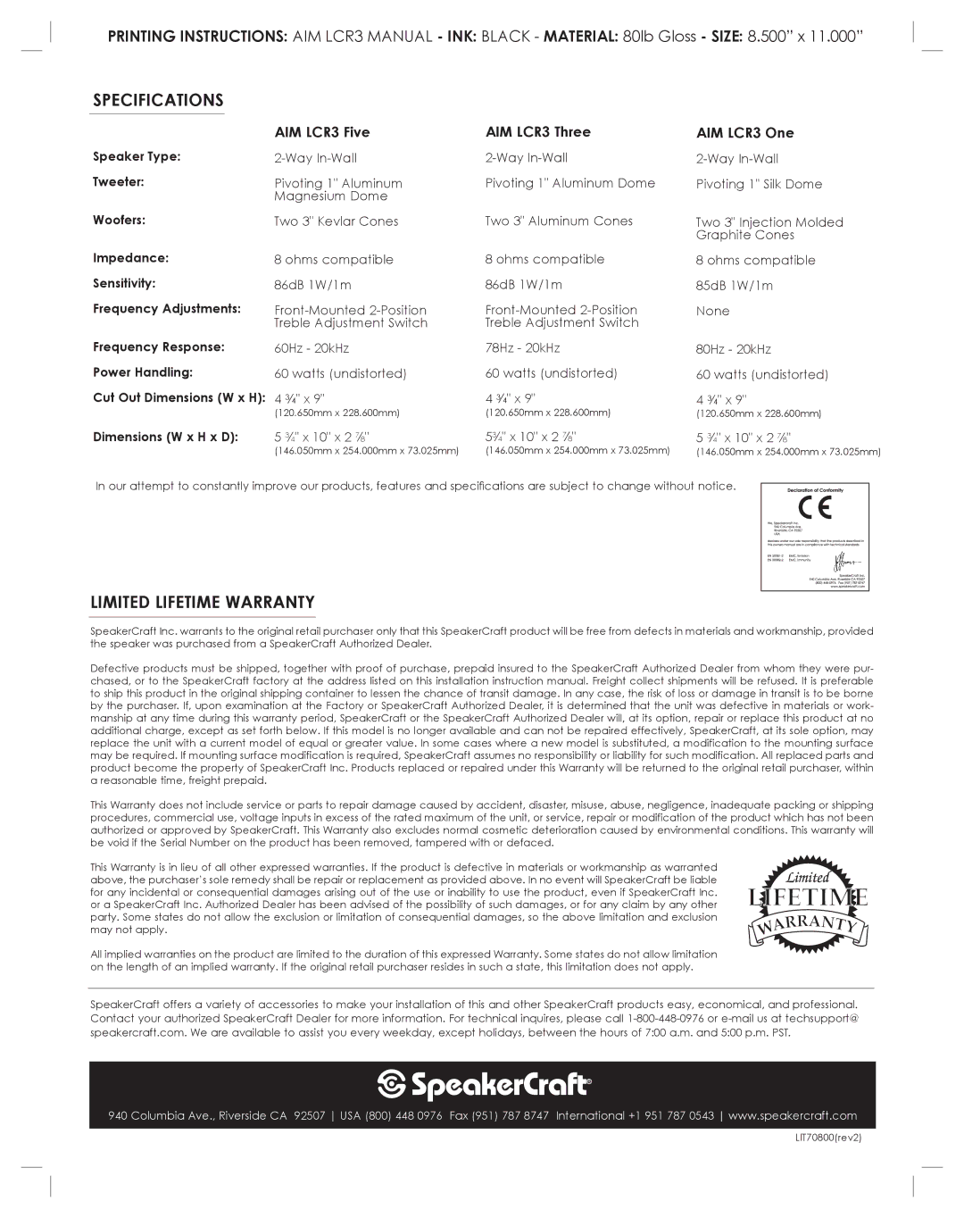 SpeakerCraft AIM LCR3 owner manual Specifications, Limited Lifetime Warranty 