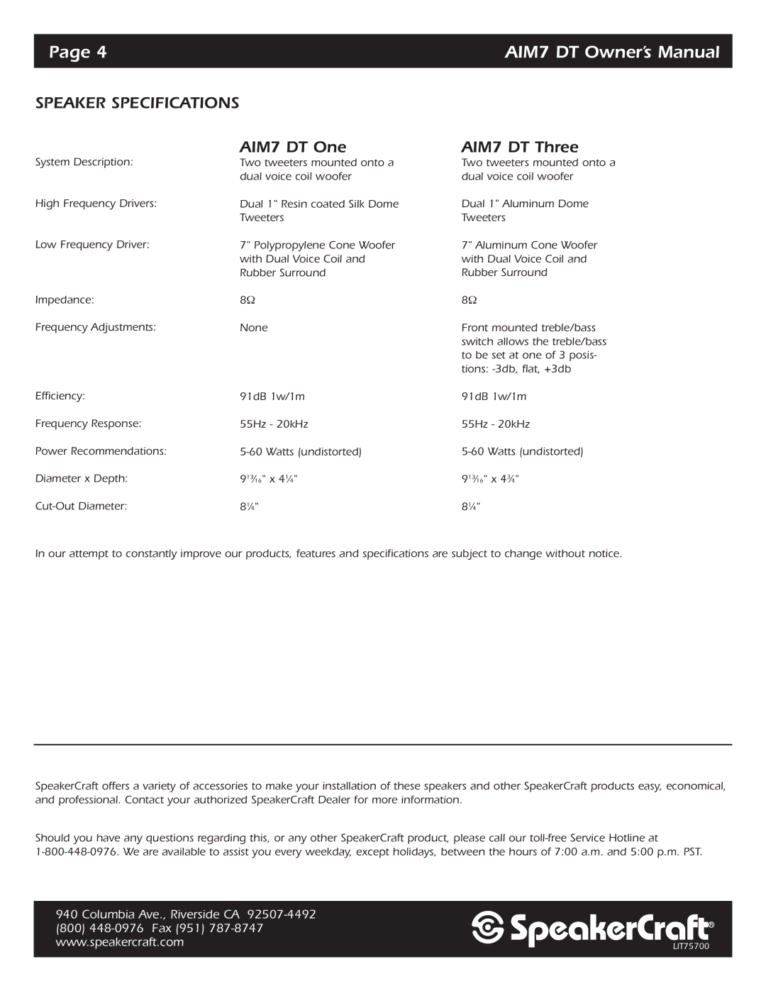 SpeakerCraft specifications Speaker Specifications, AIM7 DT One AIM7 DT Three 