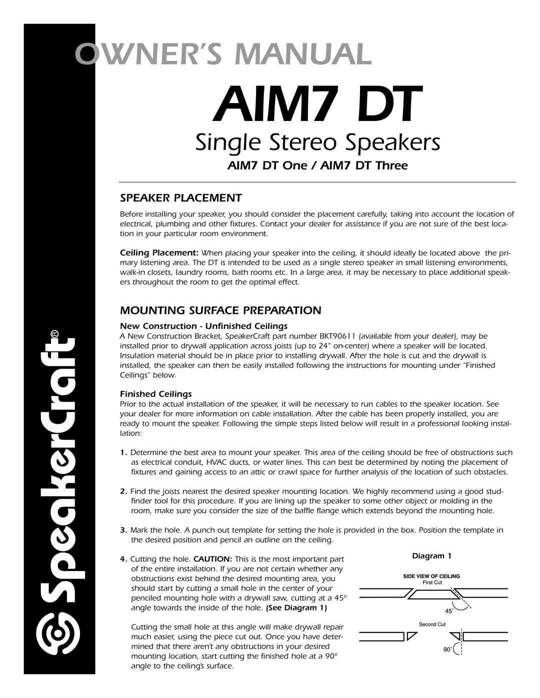 SpeakerCraft AIM7 DT specifications Speaker Placement, Mounting Surface Preparation 