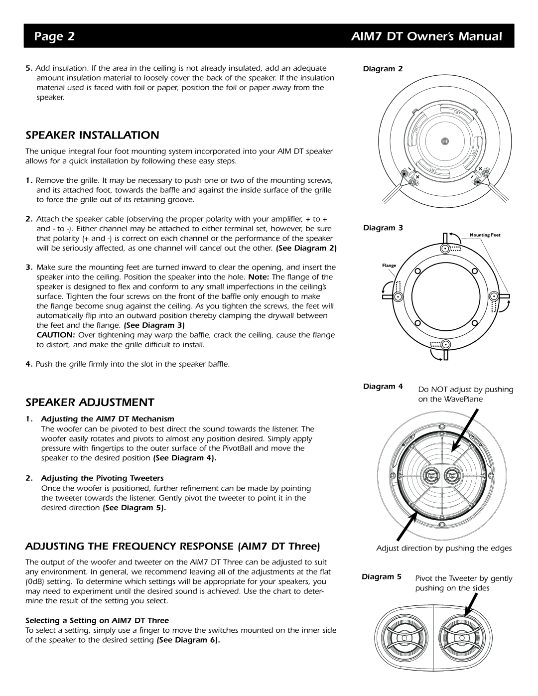 SpeakerCraft AIM7 DT specifications Speaker Installation, Speaker Adjustment 