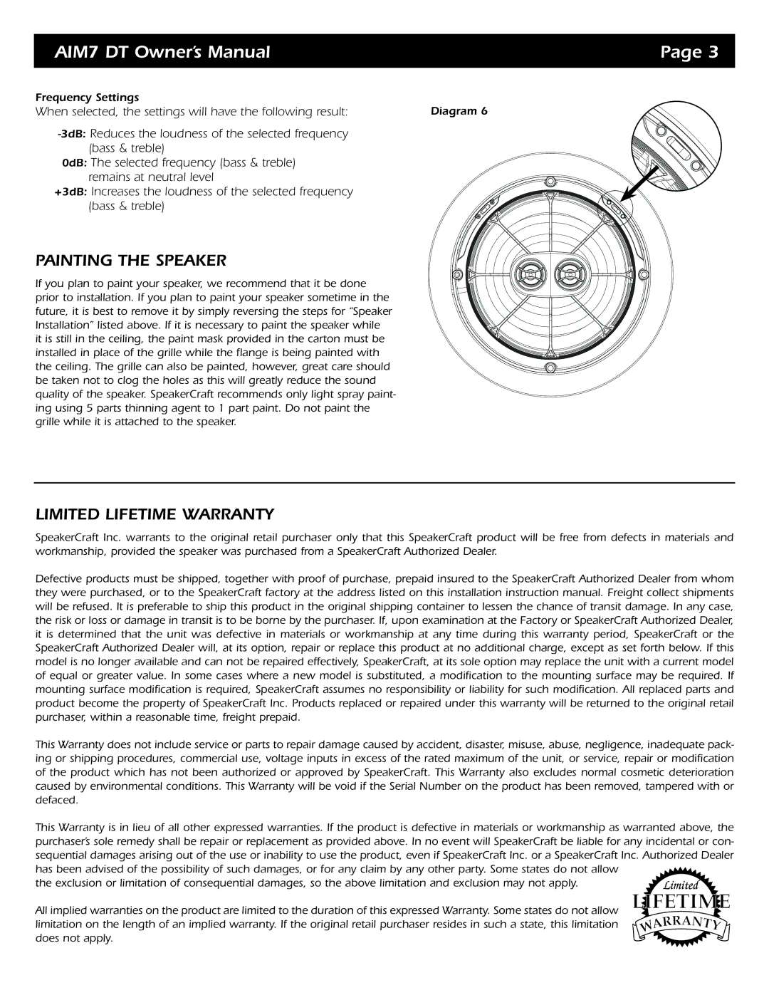 SpeakerCraft AIM7 DT specifications Painting the Speaker, Limited Lifetime Warranty 