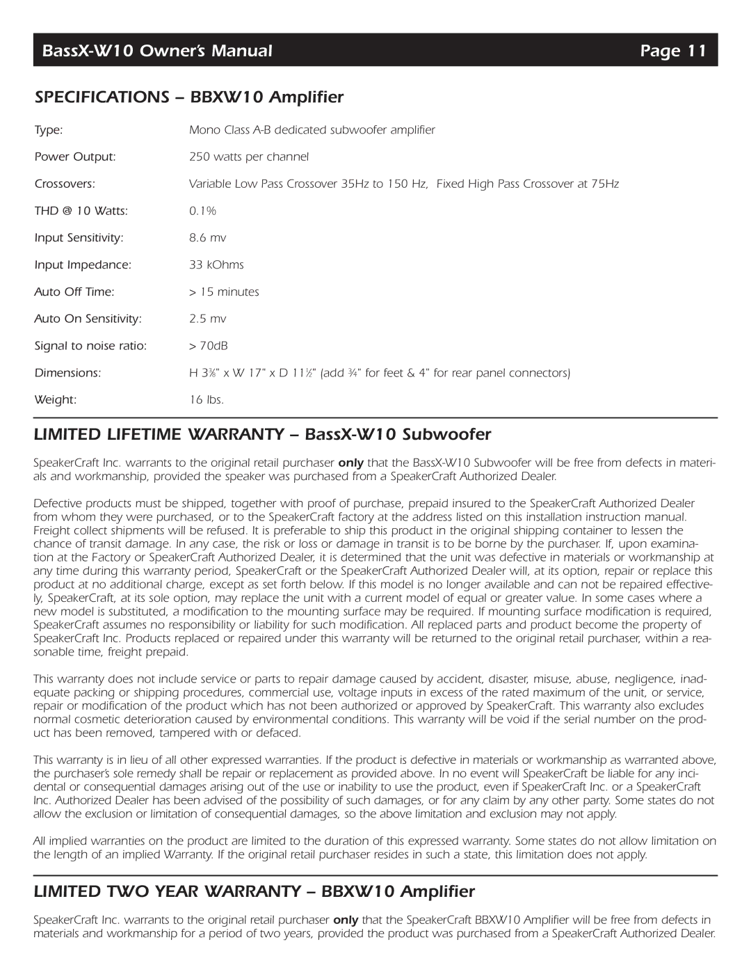 SpeakerCraft BassX-W10 owner manual Specifications BBXW10 Amplifier 