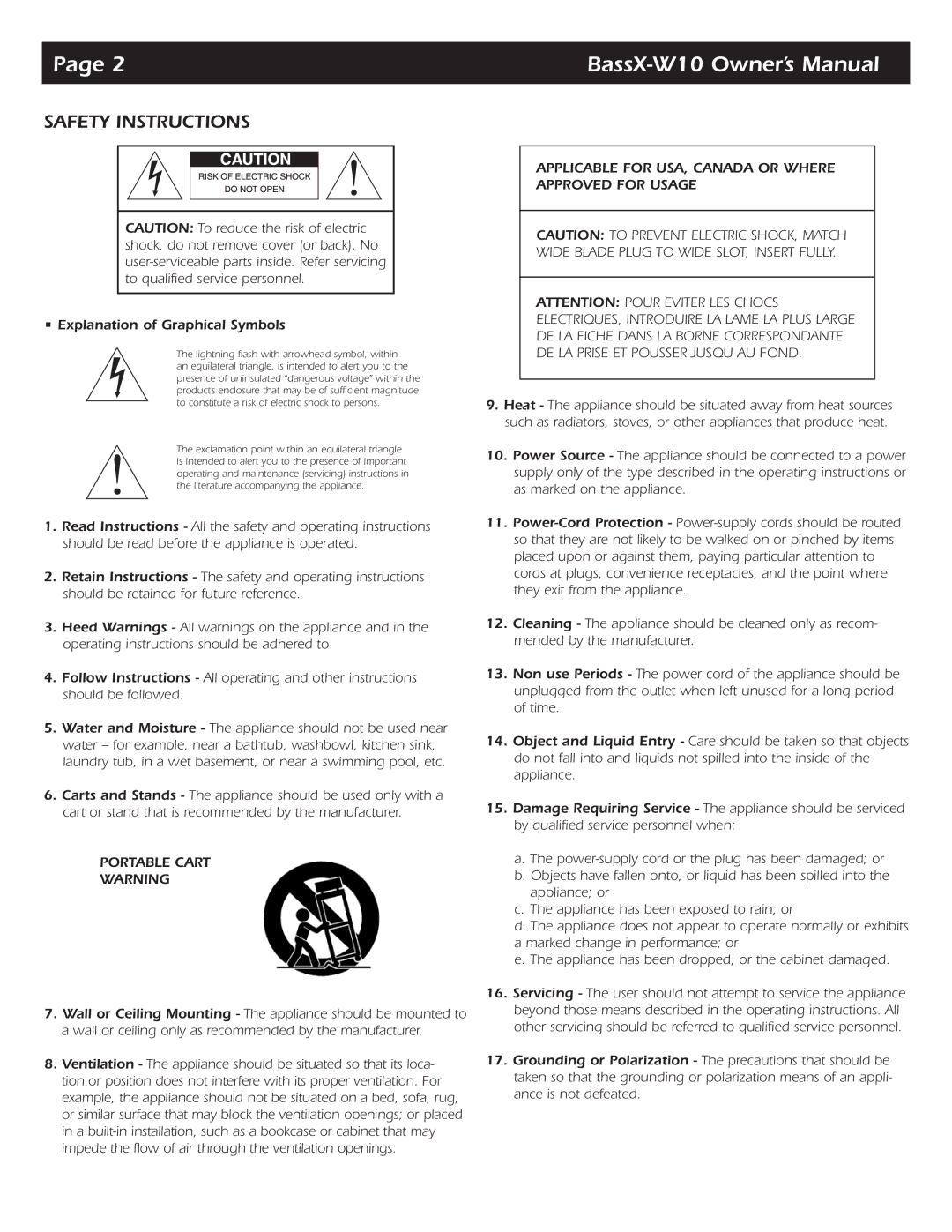 SpeakerCraft BassX-W10 owner manual Safety Instructions 