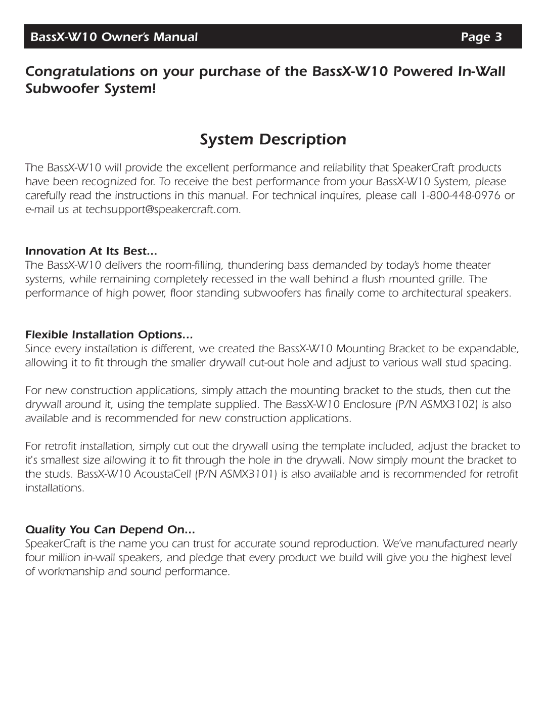 SpeakerCraft BassX-W10 owner manual System Description 