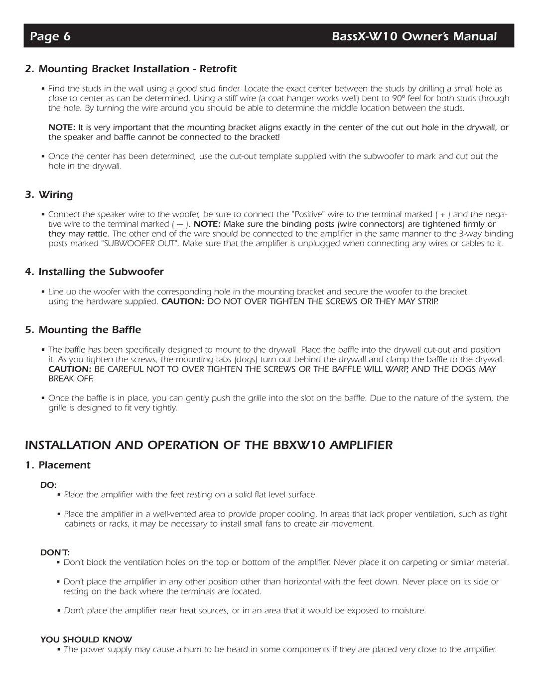 SpeakerCraft BassX-W10 owner manual Installation and Operation of the BBXW10 Amplifier 