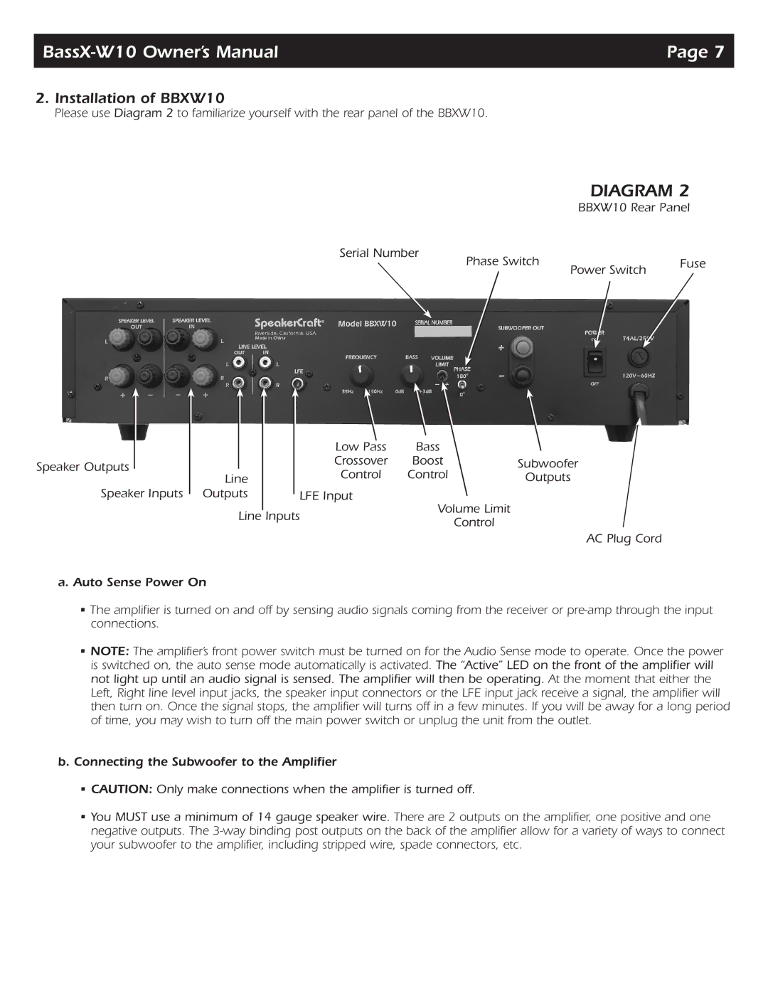 SpeakerCraft BassX-W10 owner manual Installation of BBXW10 