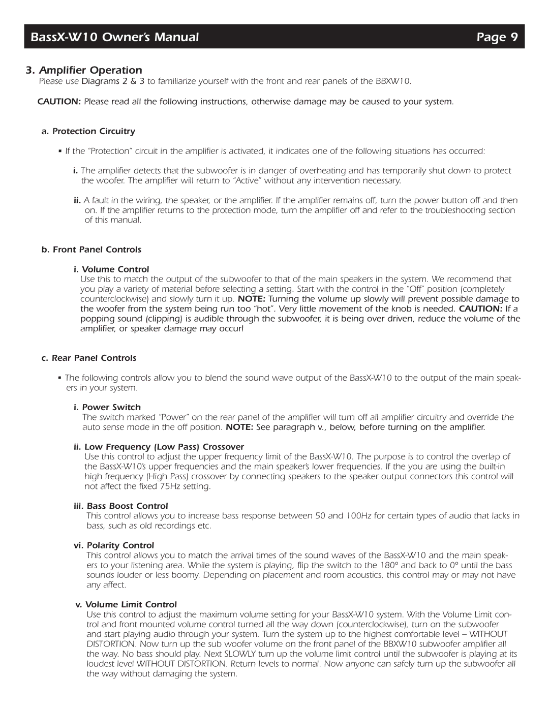SpeakerCraft BassX-W10 owner manual Amplifier Operation 