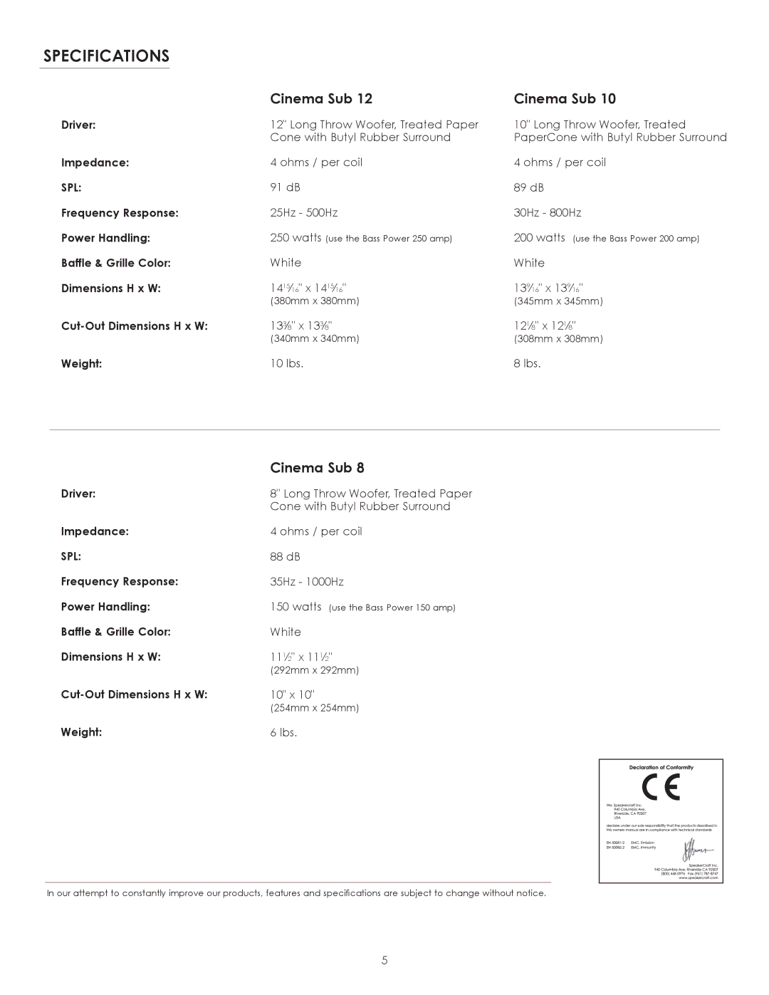 SpeakerCraft CINEMA SUB 8, 10, CINEMA SUB 12 owner manual Specifications, Cinema Sub, Spl 