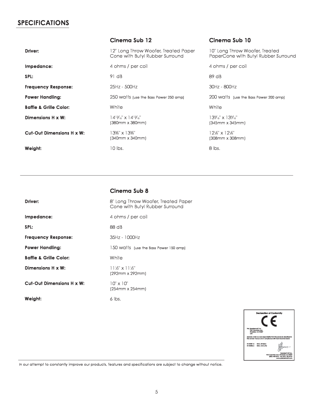 SpeakerCraft CINEMA SUB 8, 10, CINEMA SUB 12 owner manual Specifications, Cinema Sub 