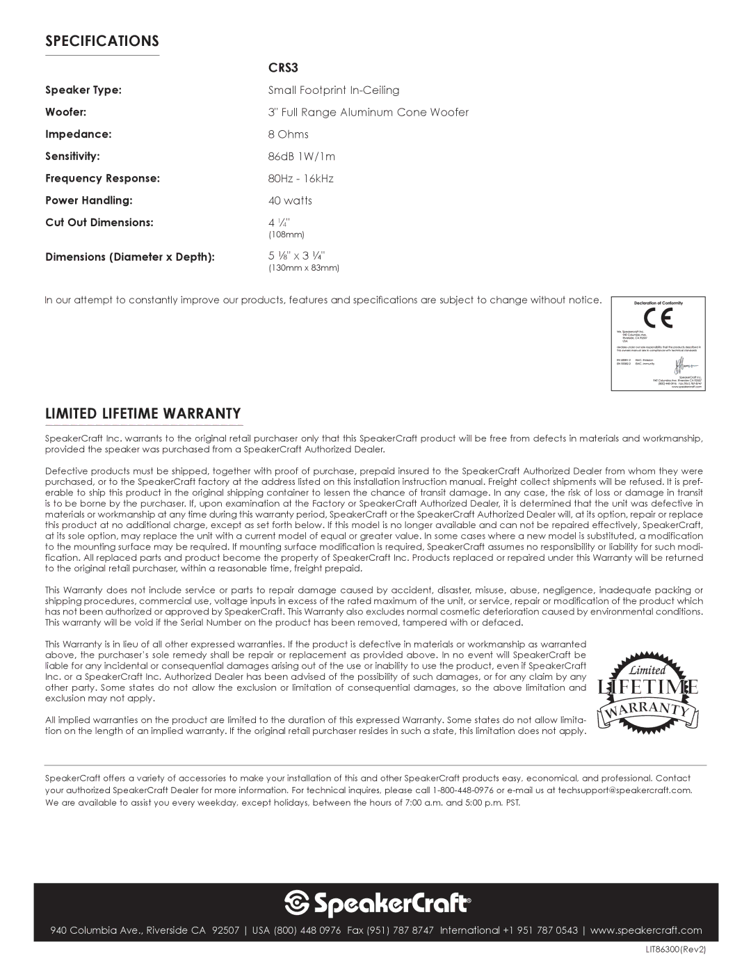 SpeakerCraft CRS3 owner manual Specifications, Limited Lifetime Warranty 