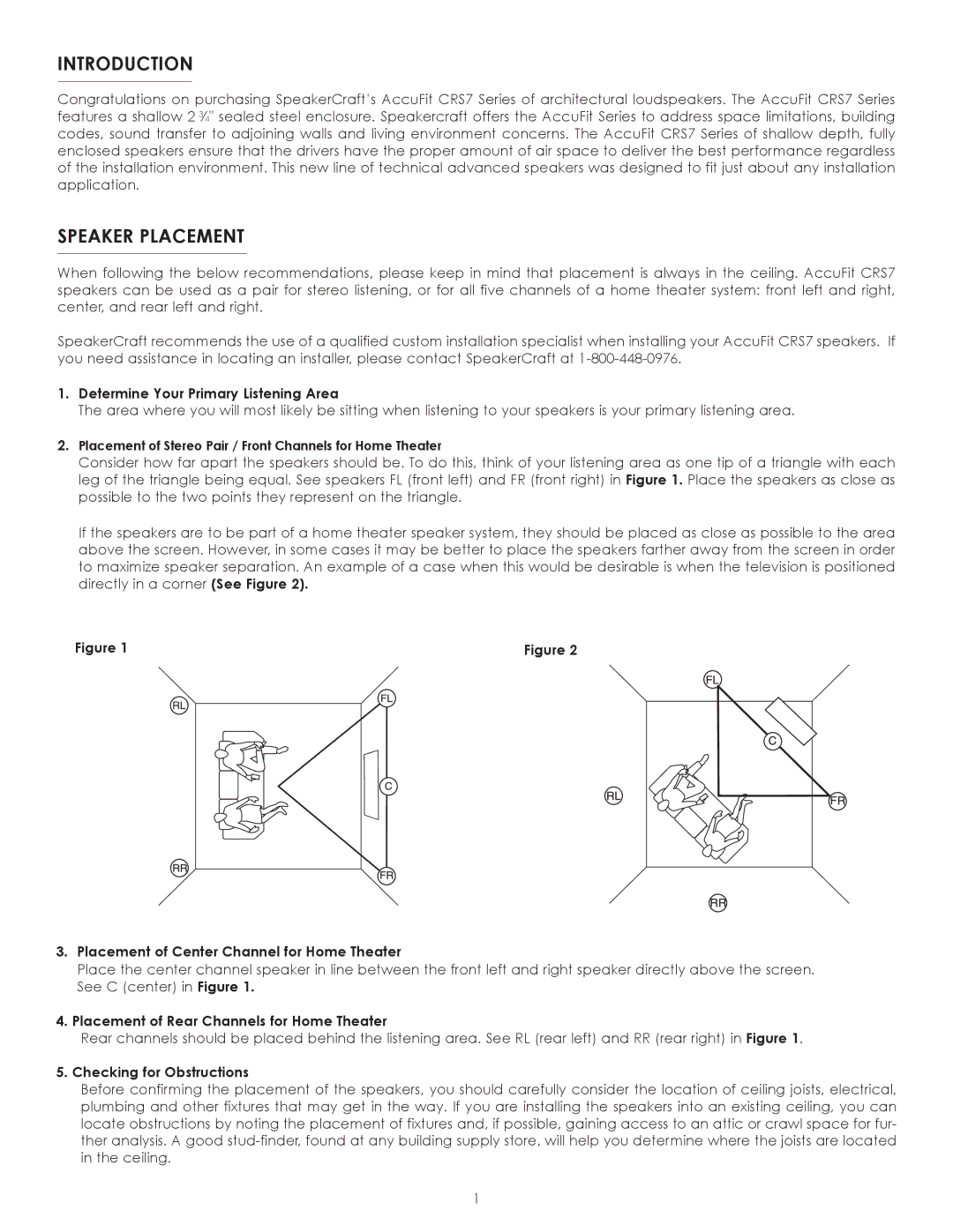 SpeakerCraft CRS7 owner manual Introduction, Speaker Placement 