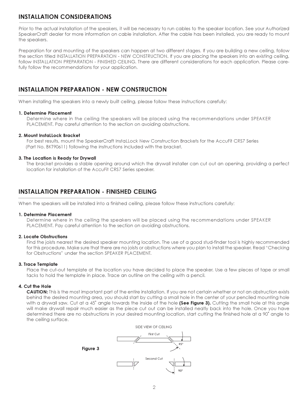 SpeakerCraft CRS7 owner manual Installation Considerations, Installation Preparation NEW Construction 