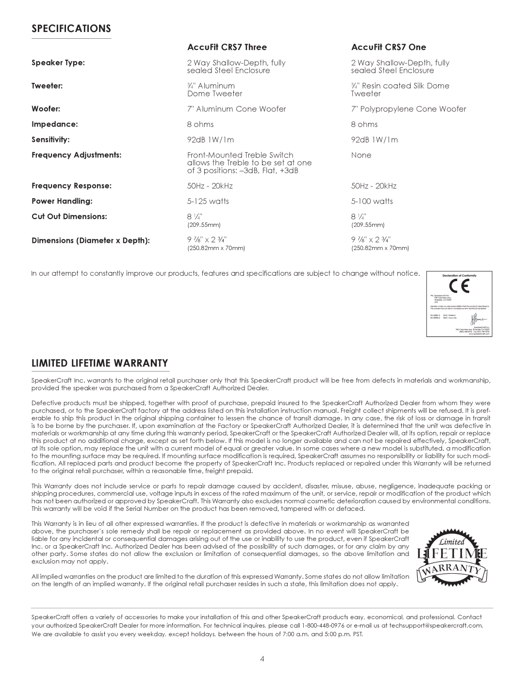 SpeakerCraft CRS7 owner manual Specifications, Limited Lifetime Warranty 