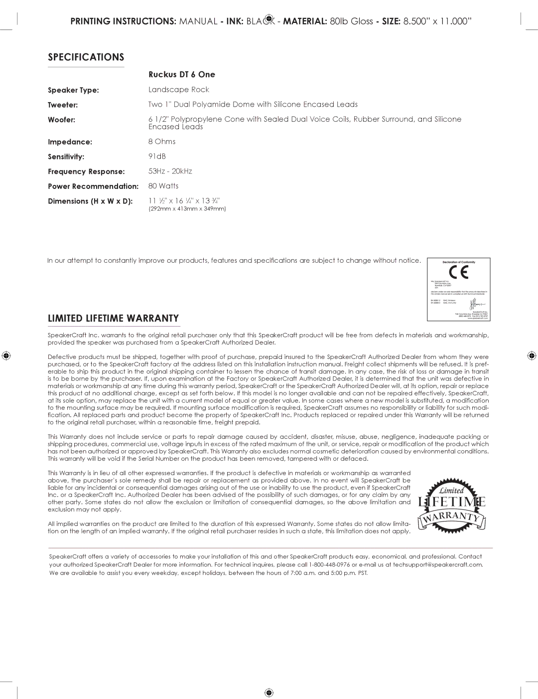 SpeakerCraft DT 6 owner manual Specifications, Limited Lifetime Warranty 