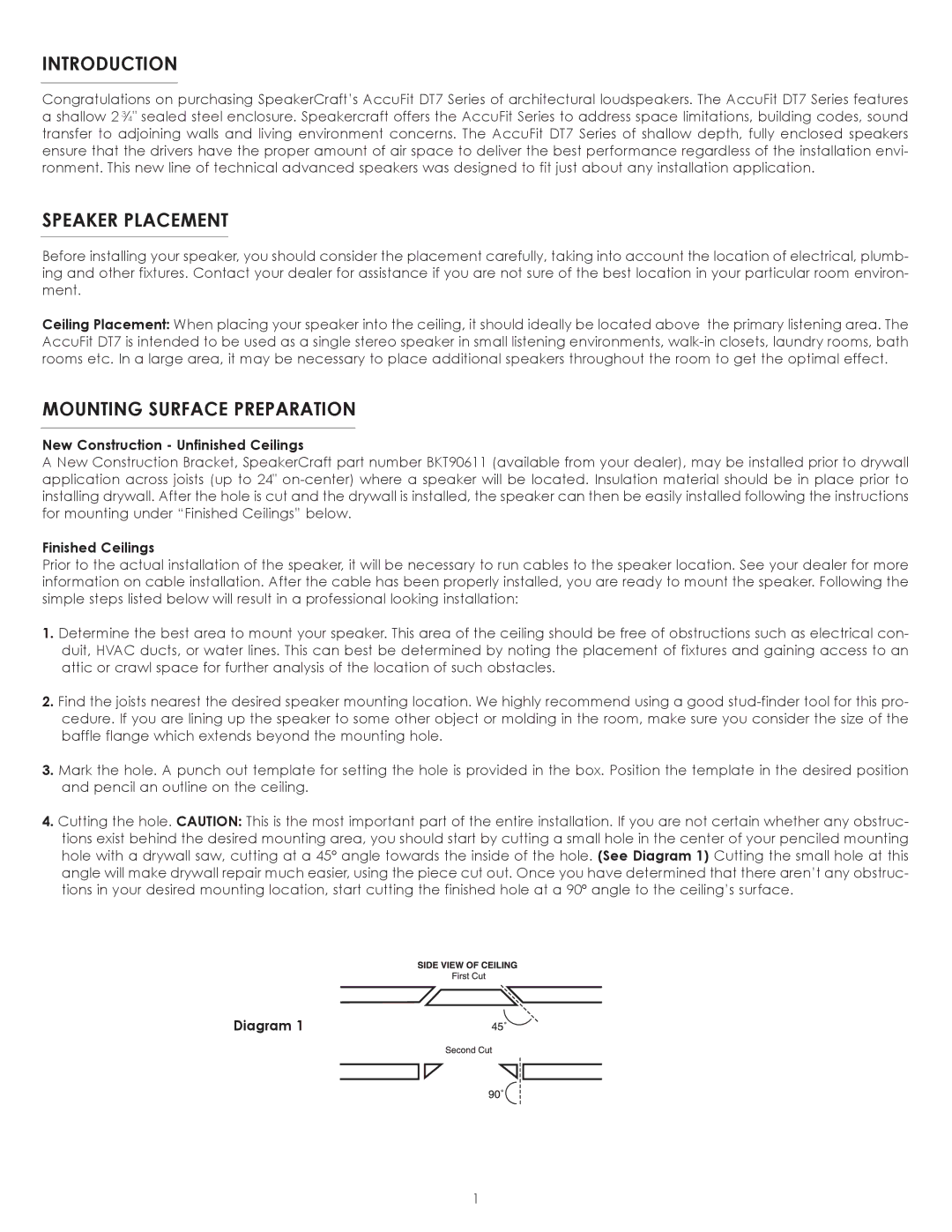 SpeakerCraft DT7 owner manual Introduction, Speaker Placement, Mounting Surface Preparation 