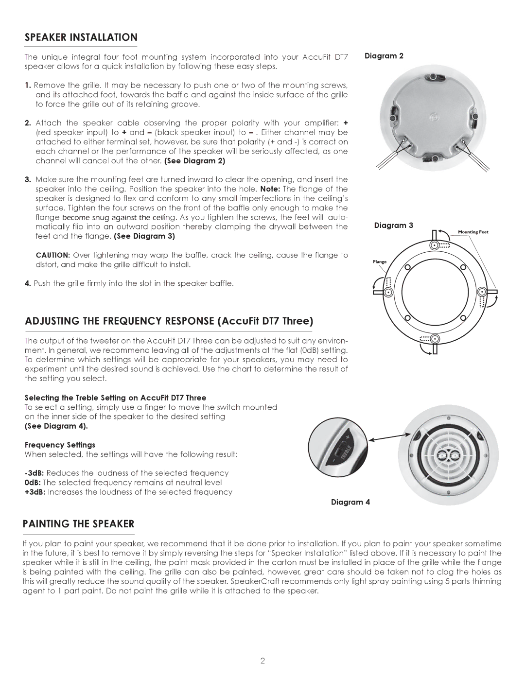 SpeakerCraft owner manual Speaker Installation, Painting the Speaker, Selecting the Treble Setting on AccuFit DT7 Three 