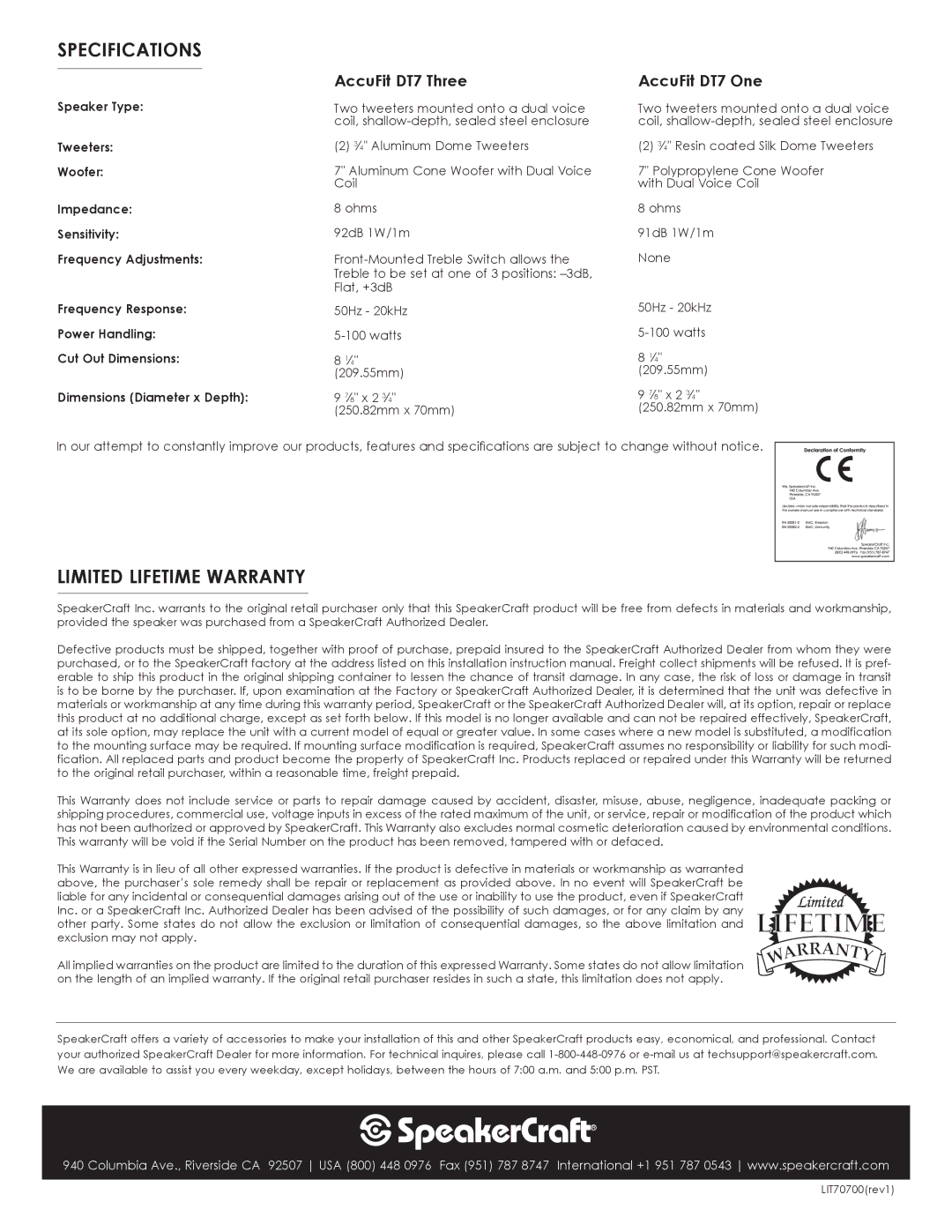 SpeakerCraft DT7 owner manual Specifications, Limited Lifetime Warranty 