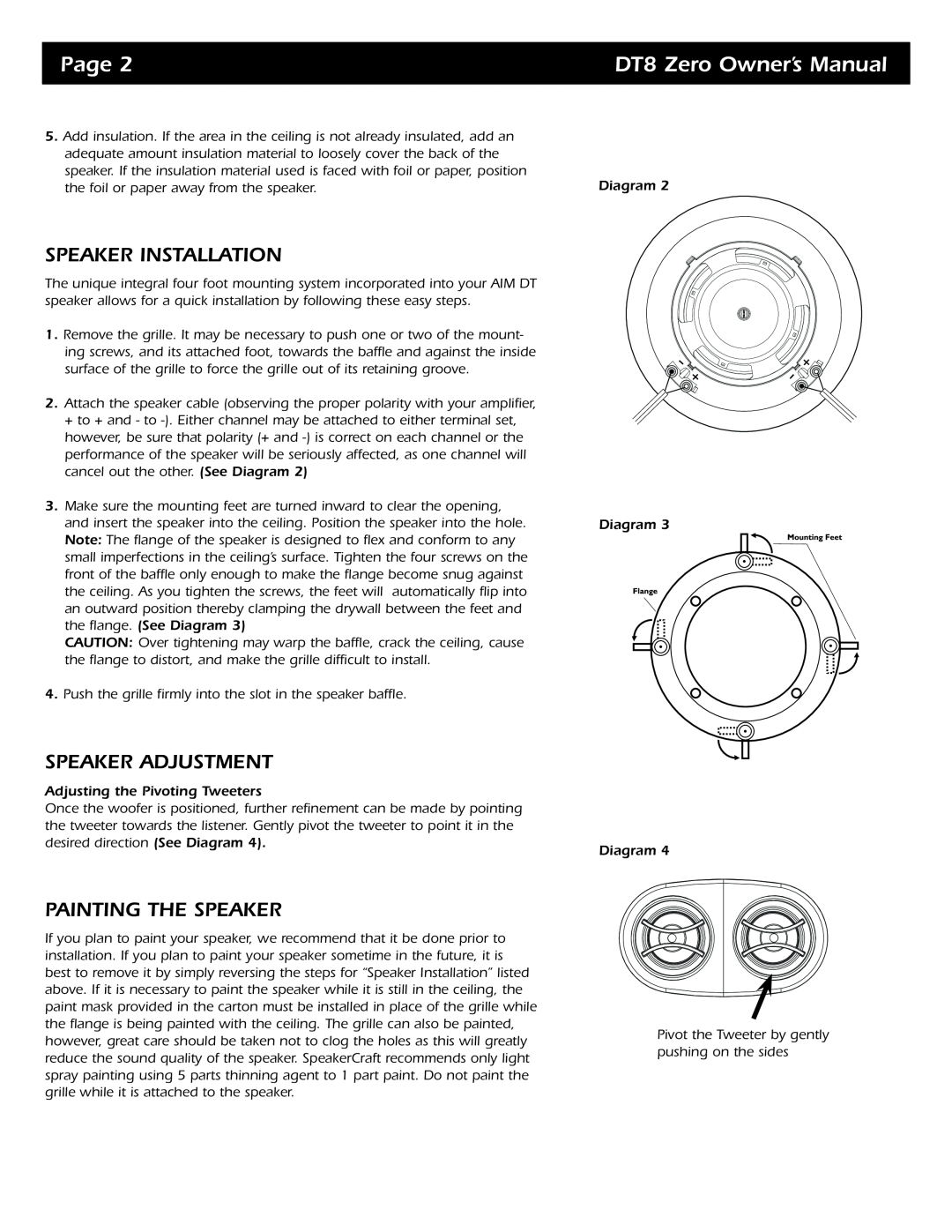 SpeakerCraft DT8 ZERO specifications Speaker Installation, Speaker Adjustment, Painting The Speaker, Page 